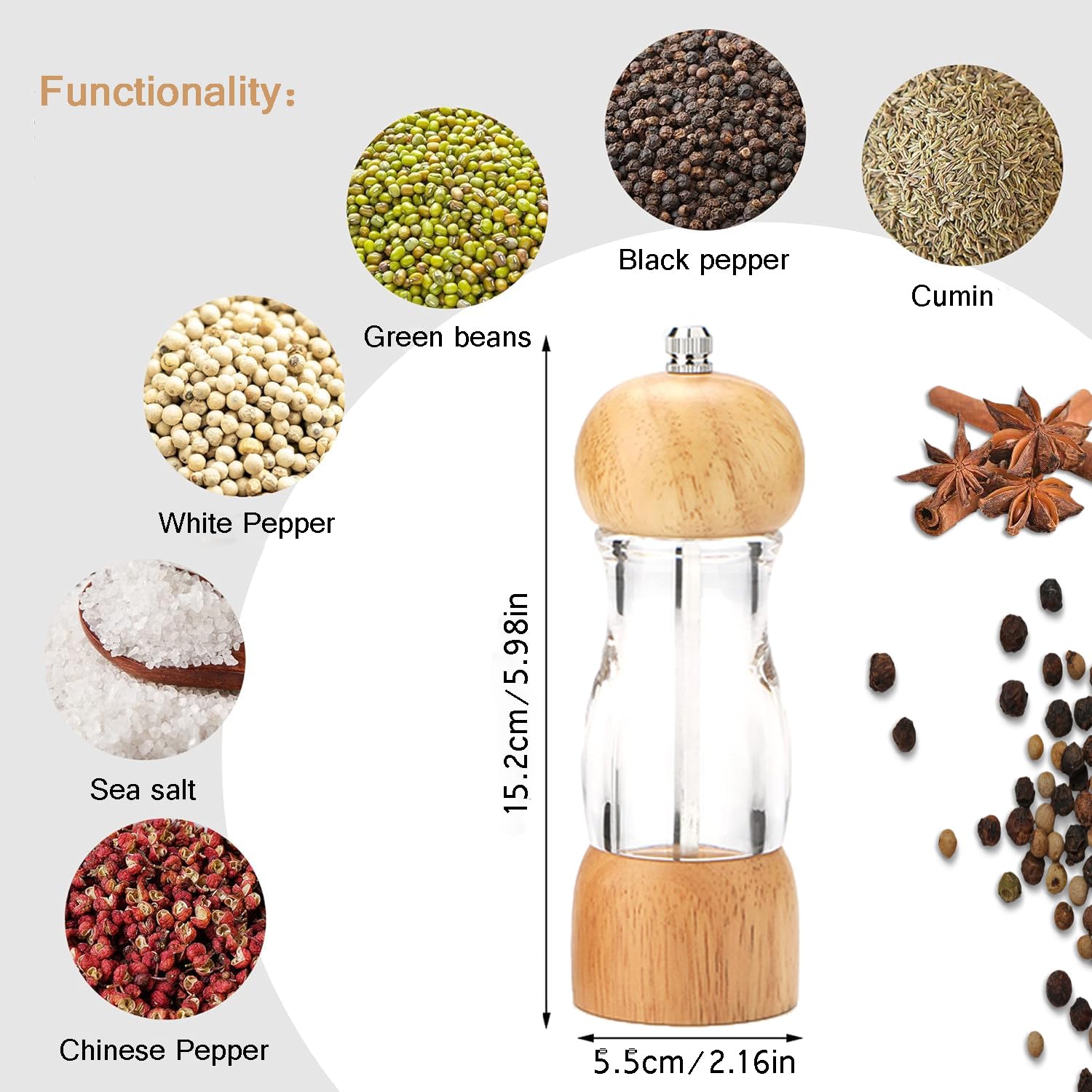 Pepper Mill - Juego de molinillo de pimienta de madera manual negro tostado clásico, mango de aleación de zinc, grosor ajustable, estilo retro, juego de molino de sal y pimienta de madera (6 pulgadas 4