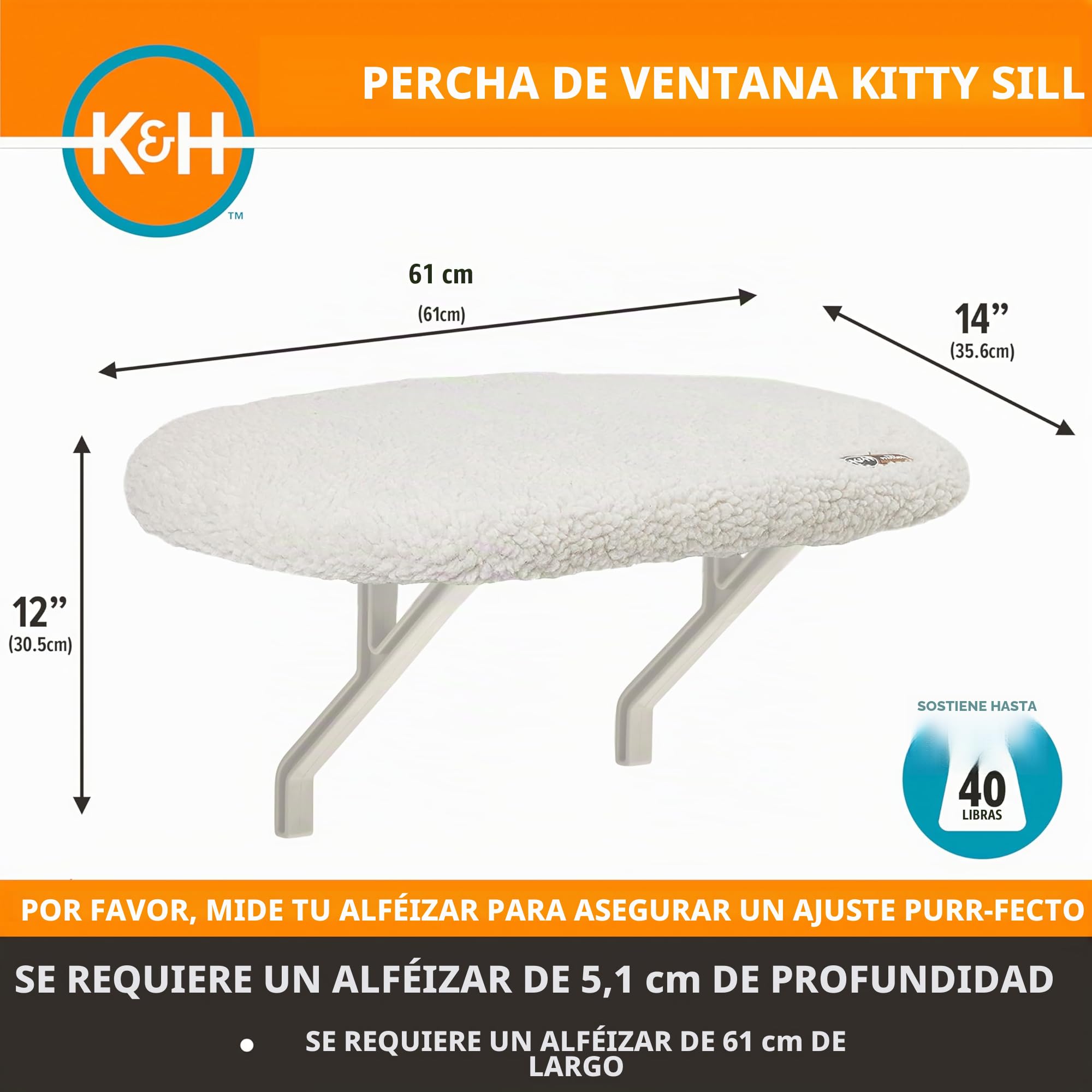 K&H Pet Products - Hamaca para Ventana de Gato, Cubierta de Forro Polar Suave, fácil Ajuste, Funda Lavable a máquina, 35,5 cm x 60,96 cm, Color Crema