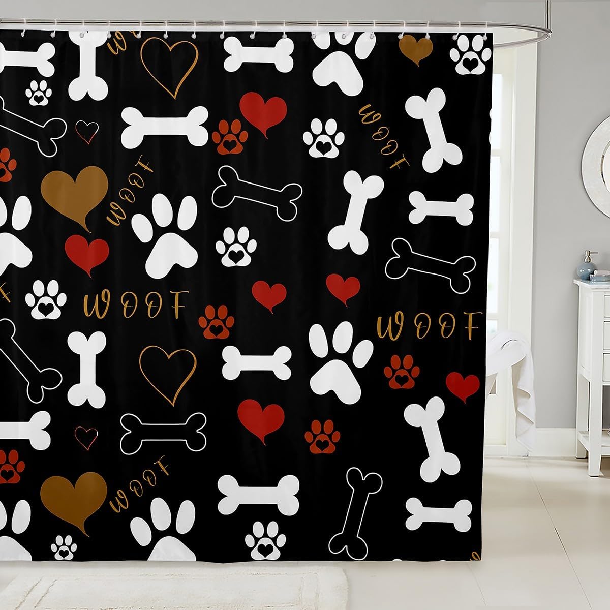 Erosebridal Dog Paw Print Shower Curtain Large for Kids Boys Girls,Lovely Animal Theme Bathroom Curtain White Bone Pattern Bath Curtain Red Heart Bathroom Decor Luxury,Black