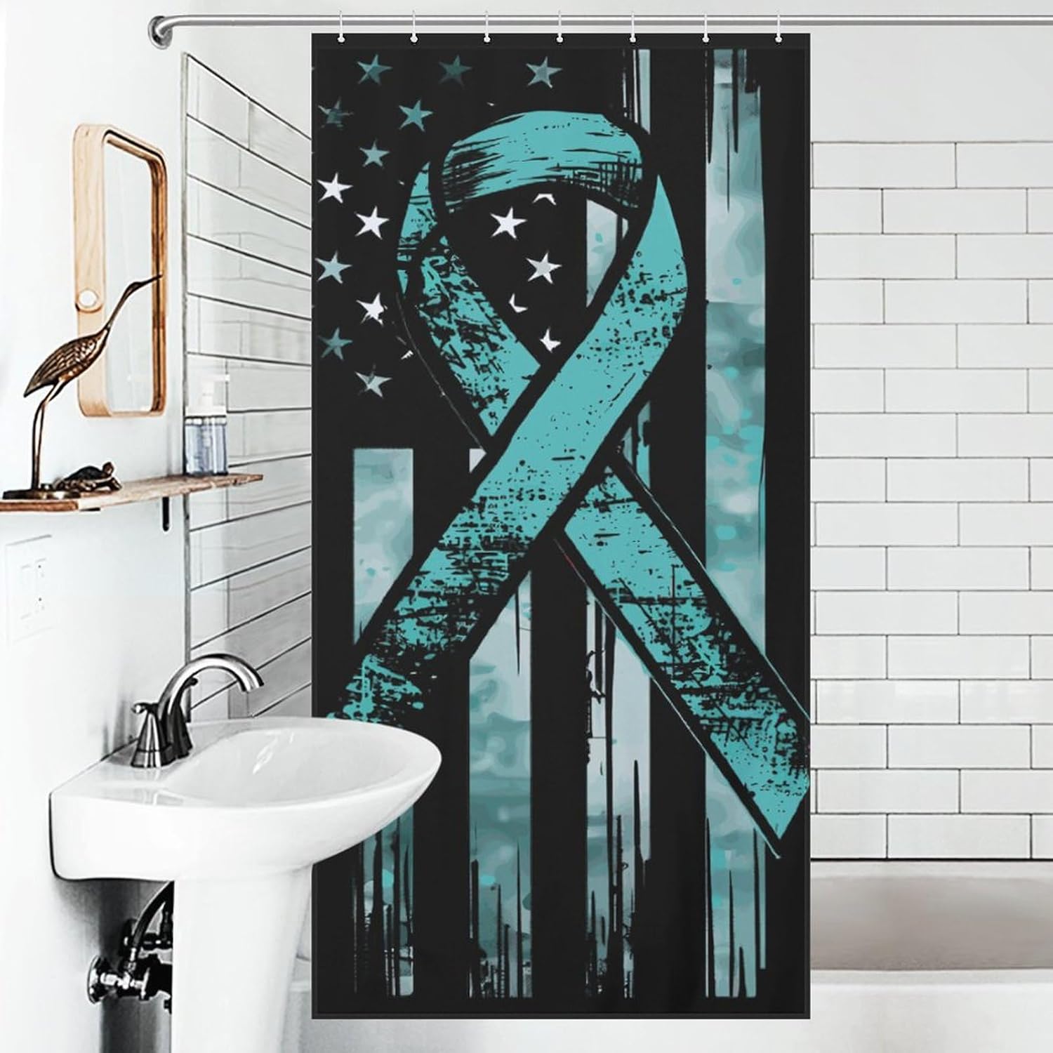 Ovarian Cancer U.S. Flag Funny Shower Curtains Washable Bath Curtain Liner with Hooks for Bathroom Bath Tubs 36x72Inch（92x183cm）
