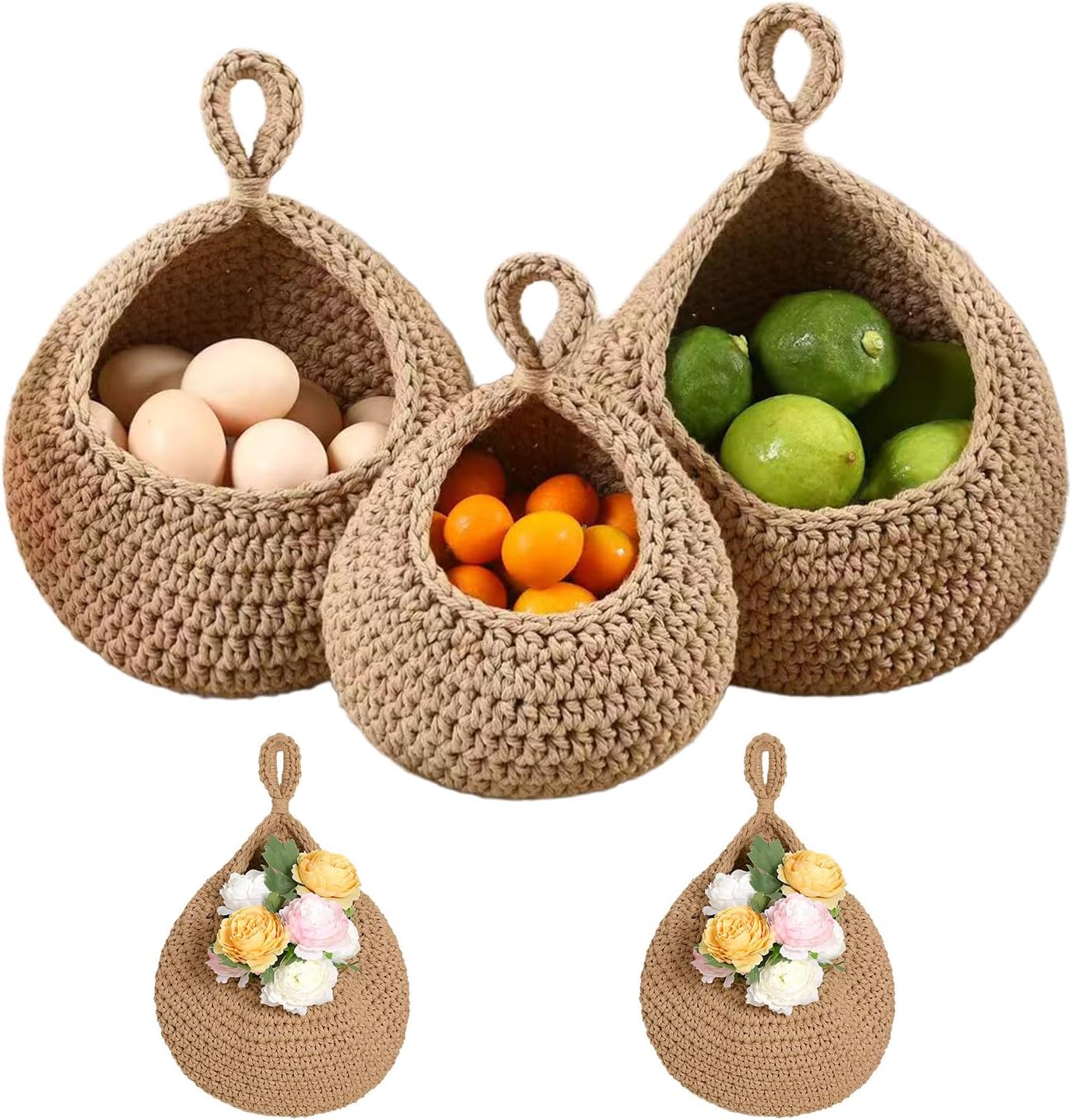 Hanging Storage Baskets Boho Decor Set of 3, Handmade Cotton Rope Wall-Mounted Fruit & Vegetable Baskets, Decorative Hanging Organizers for Kitchen, Entryway, Bathroom & Bedroom