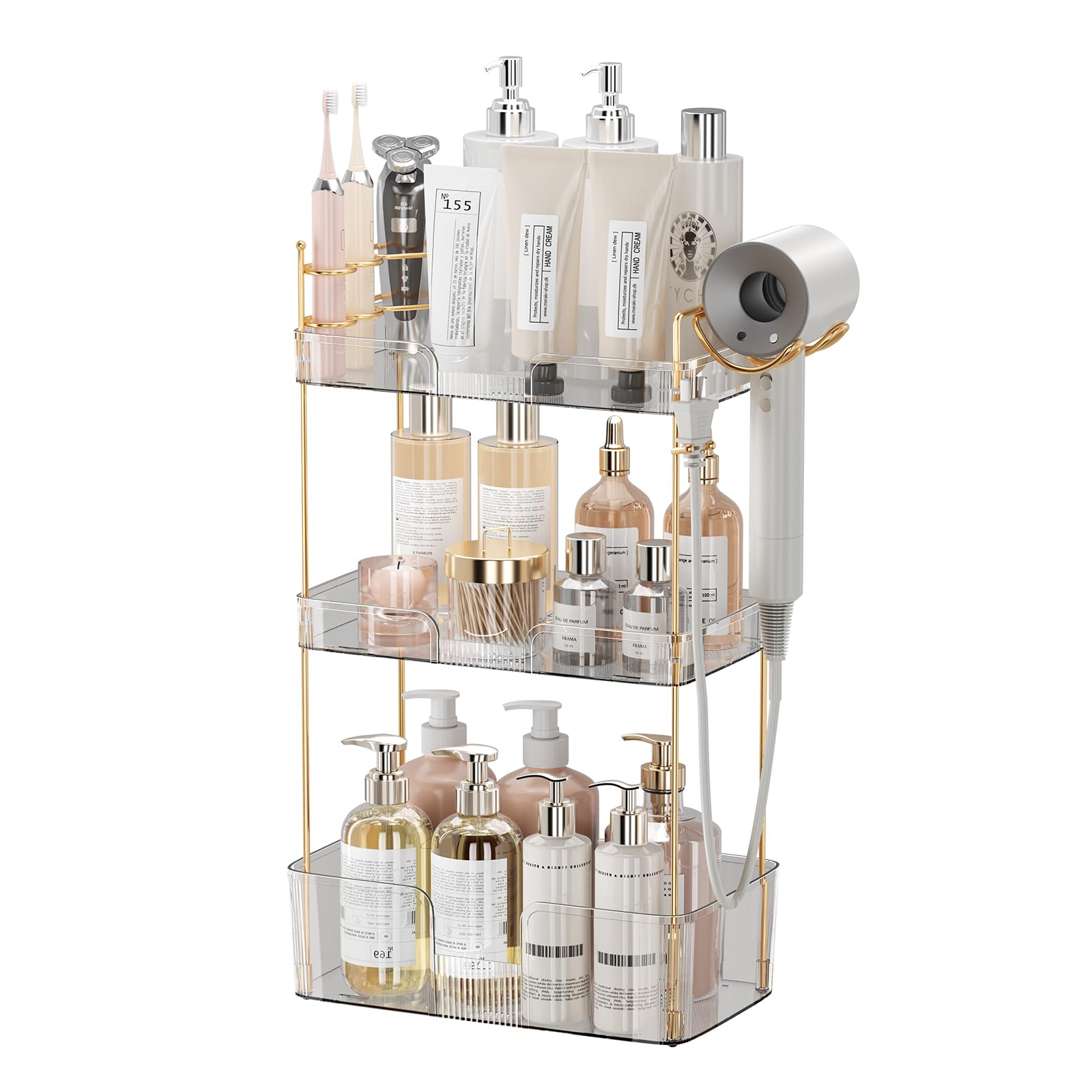 Akinbas 3 Tier Bathroom Organizer Countertop Makeup Perfume Tray Skincare Organizer Comes with Hair Dryer Rack and Toothbrush Holder for Bathroom Dresser Vanity (White)