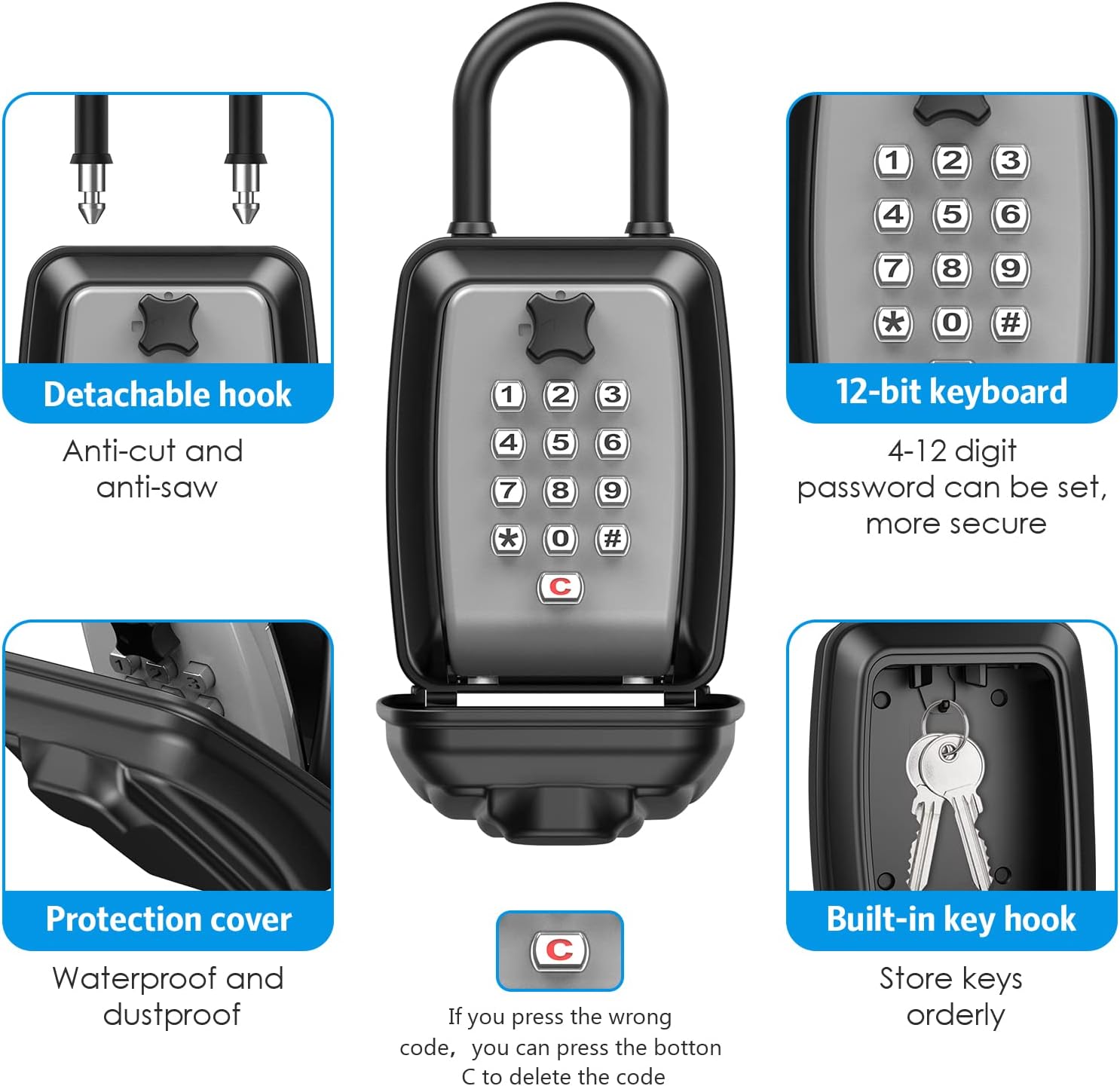 AMIR Extra Large Key Lock Box - Outdoor Wall Mounted Combination Push Button Lockbox with Resettable 12-Digit Code, Spare Key Hider Safe Box for Home, Hotels, Realtors, Tenants & Guests (Gray)