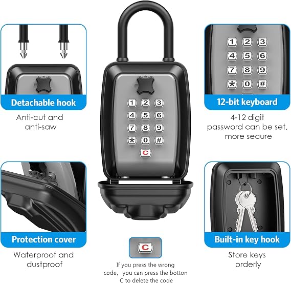 AMIR Extra Large Key Lock Box - Outdoor Wall Mounted Combination Push Button Lockbox with Resettable 12-Digit Code, Spare Key Hider Safe Box for Home, Hotels, Realtors, Tenants & Guests (Gray)
