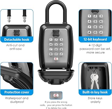 AMIR Extra Large Key Lock Box - Outdoor Wall Mounted Combination Push Button Lockbox with Resettable 12-Digit Code, Spare Key Hider Safe Box for Home, Hotels, Realtors, Tenants & Guests (Gray)