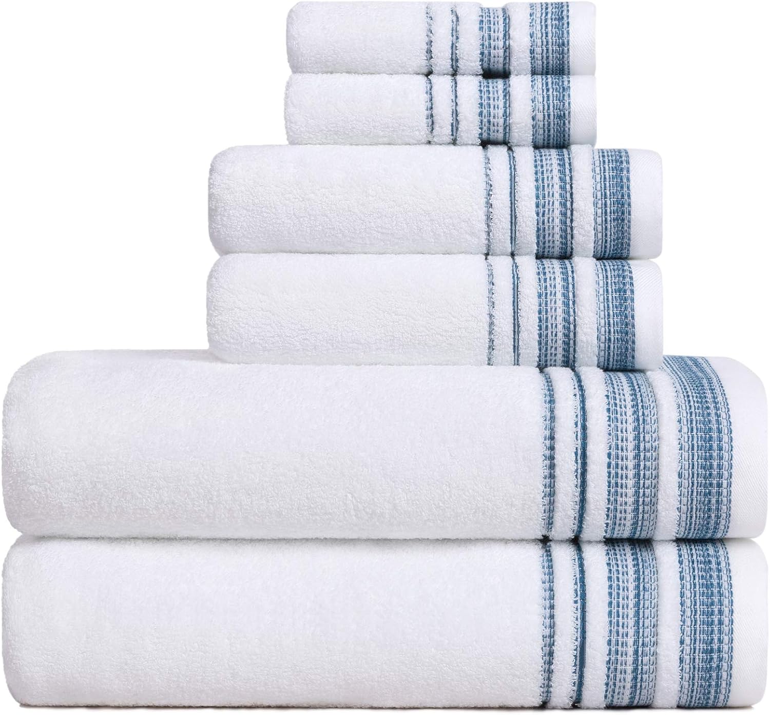 Lovife 6 Piece Towel Sets 100% Cotton for Bathroom & Hotel & Spa 500 GSM Bath Towel Absorbent and Soft Shower Towel Contains 2 Bath Towels&2 Hand Towels&2 Washcloths (White+Blue)
