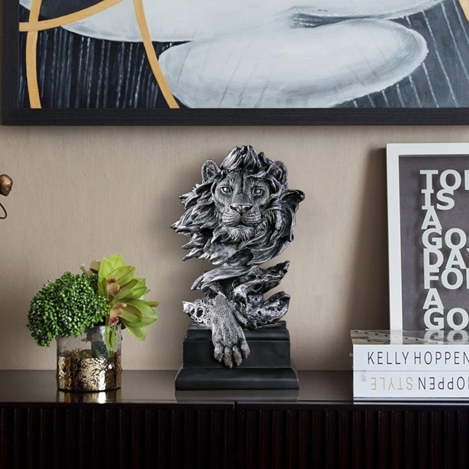 Figura de busto de león de resina de 12.5 pulgadas, escultura de animal coleccionable para decoración del hogar y la oficina, adorno de mesa para sala de estar, dormitorio y decoración de