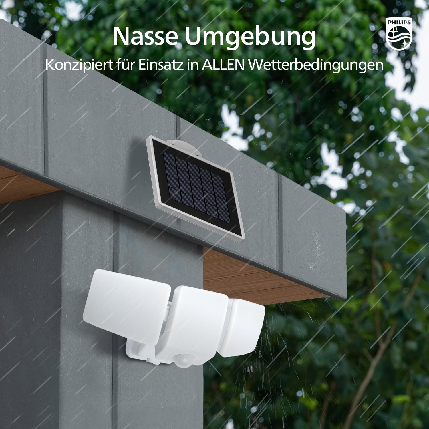 Philips 3600LM Solarlampen für Außen mit Bewegungsmelder, 5000K Wasserdichte Dimmbare LED, 3 Verstellbare Köpfe mit 5m Kabel, Separate Solarpanel mit 3 Modi Solar-Fluter für Hof, Garage
