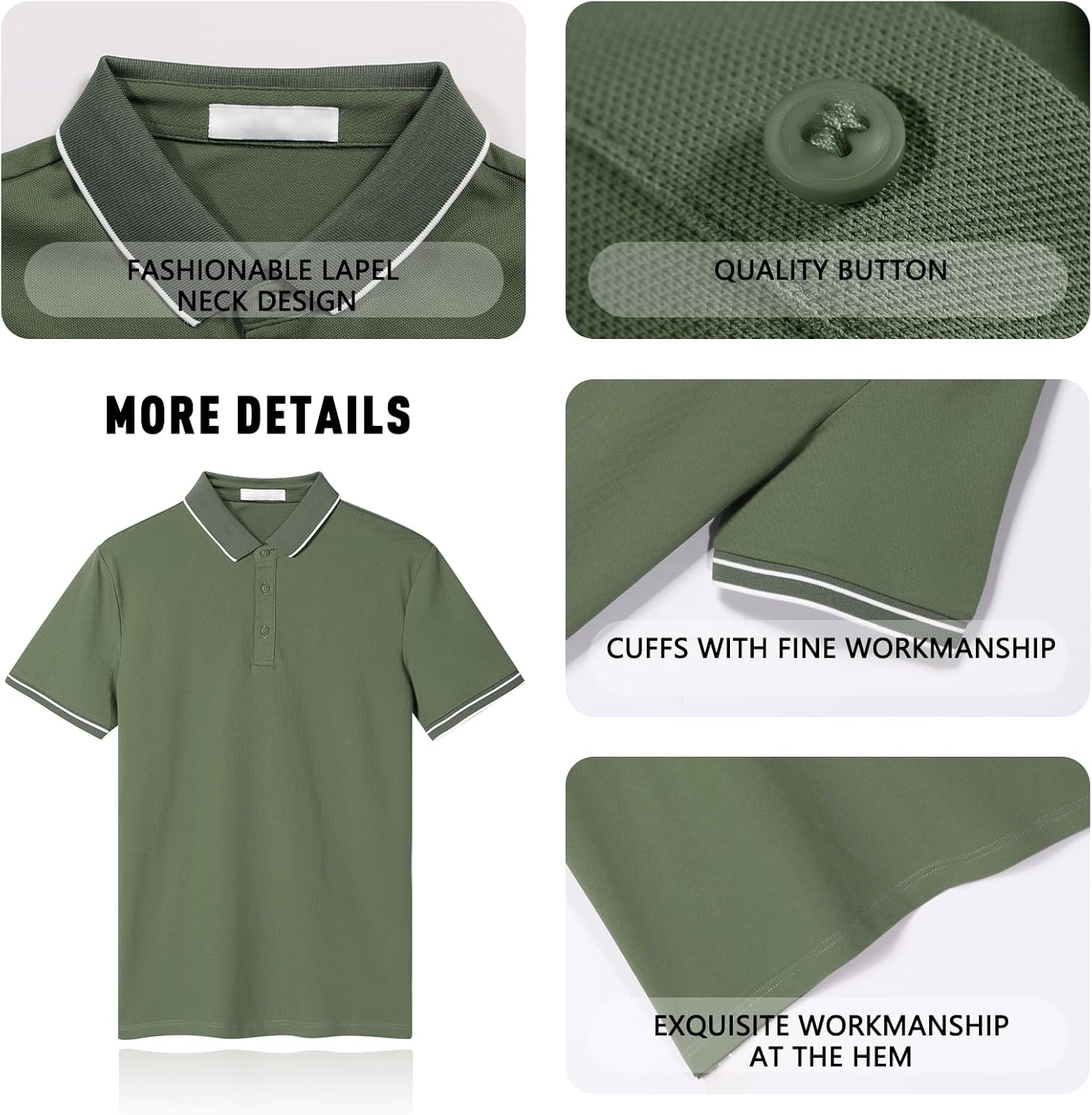 Men's Polo Shirts for Men Short Sleeve Striped Pique Cotton Polo Shirt Business Casual Layering Top Green - Image 5