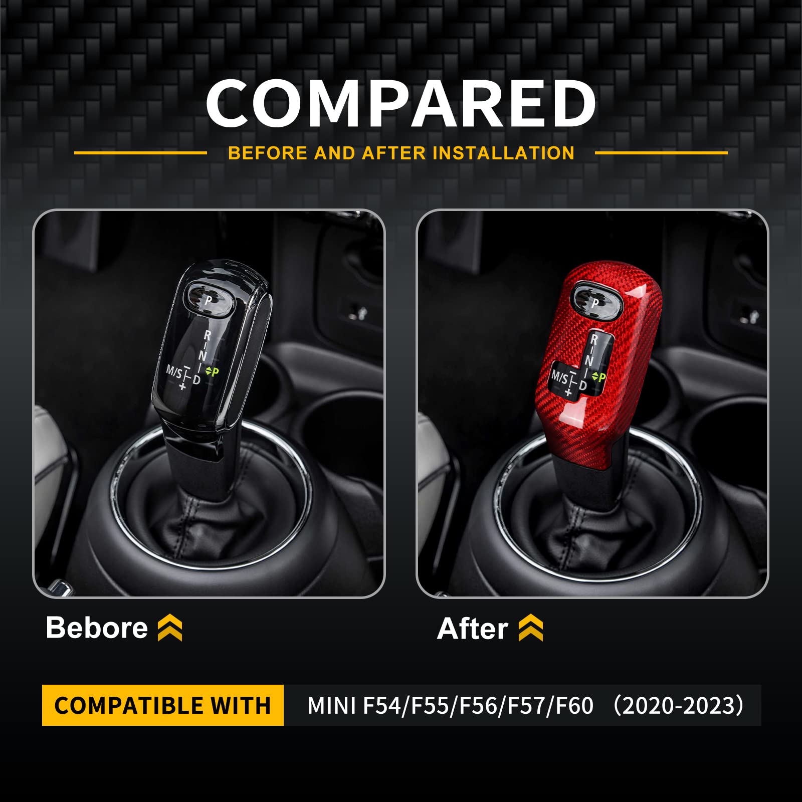 KUNGKIC Osłona gałki zmiany biegów z włókna węglowego, naklejka kompatybilna z Mini Cooper F54 F55 F56 F57 F60 Countryman 2020-2023 uchwyt przekładni akcesoria do wnętrza czerwona