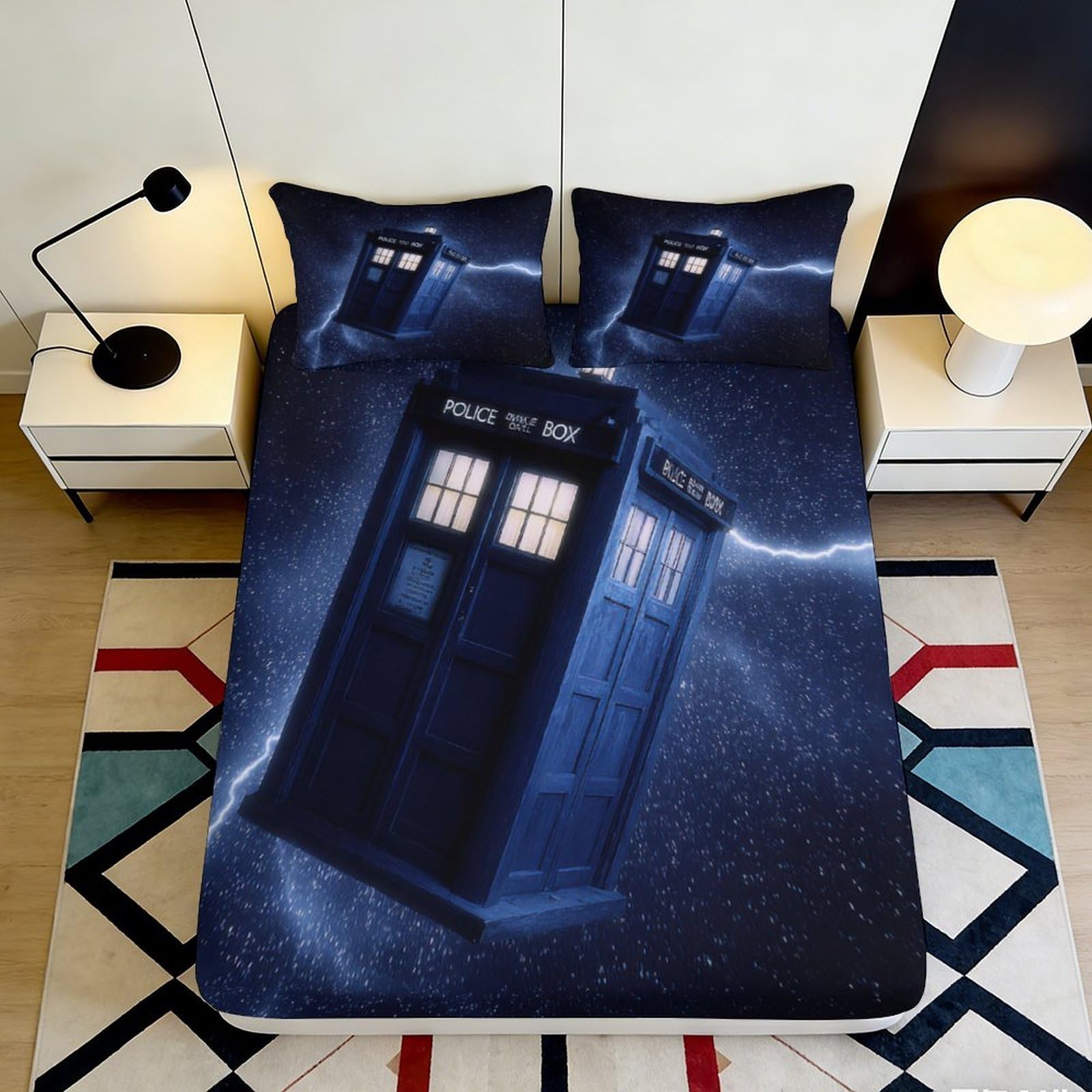 3D Printed TARDIS Lightning Fitted Sheet Microfiber Soft Bed Cover for Bedroom Guest Room Easy Care Decor 90x200x25cm