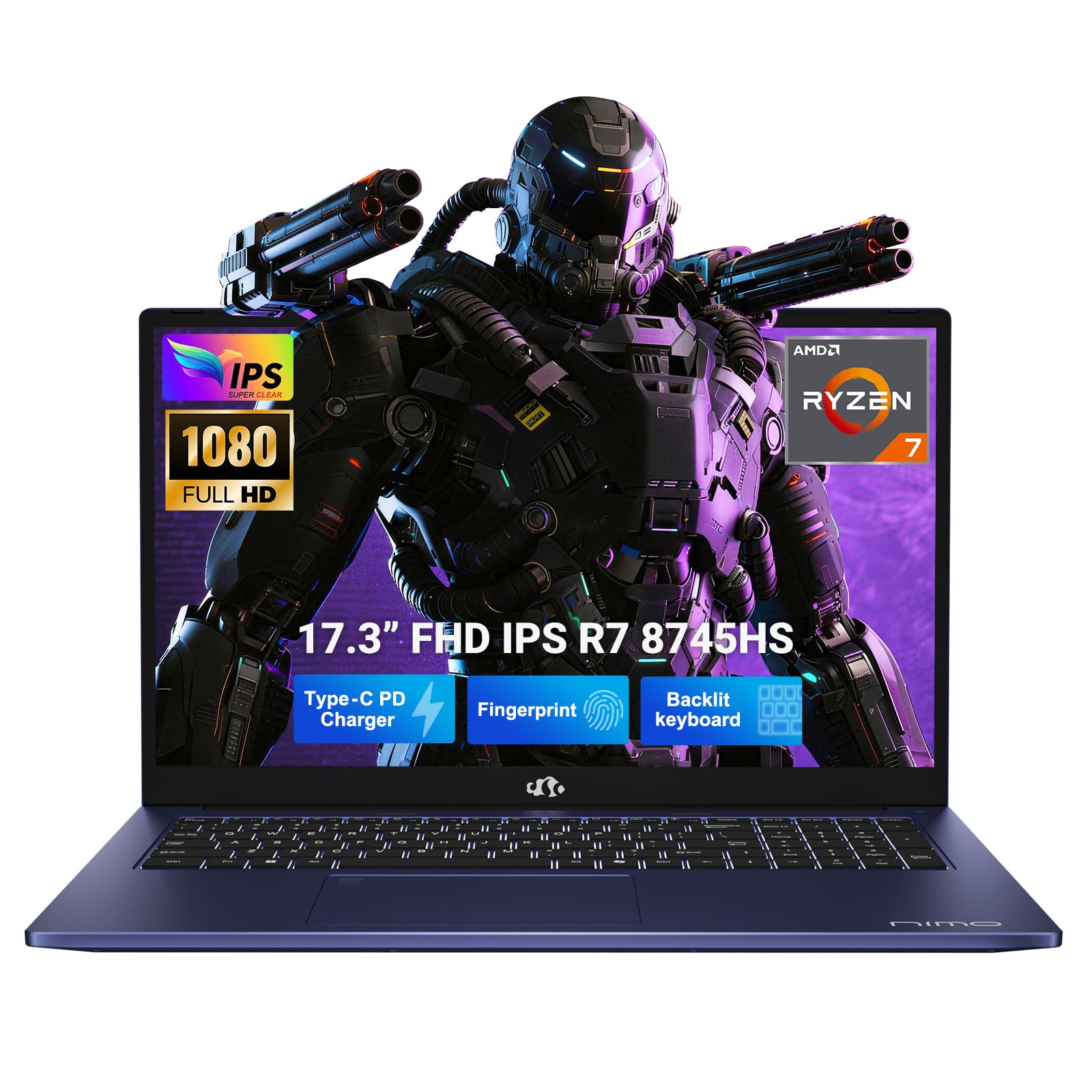NIMO 17.3" IPS-Gaming-Laptop, AMD Ryzen 7 8745HS Up to 4.9GHz Beat R9 7940HS 32GB RAM 1TB SSD Radeon 780M-Graphics, WiFi 6E USB4 Backlit Keyboard Fingerprint, Win 11 PC for Work & Play 2-Yr Warranty