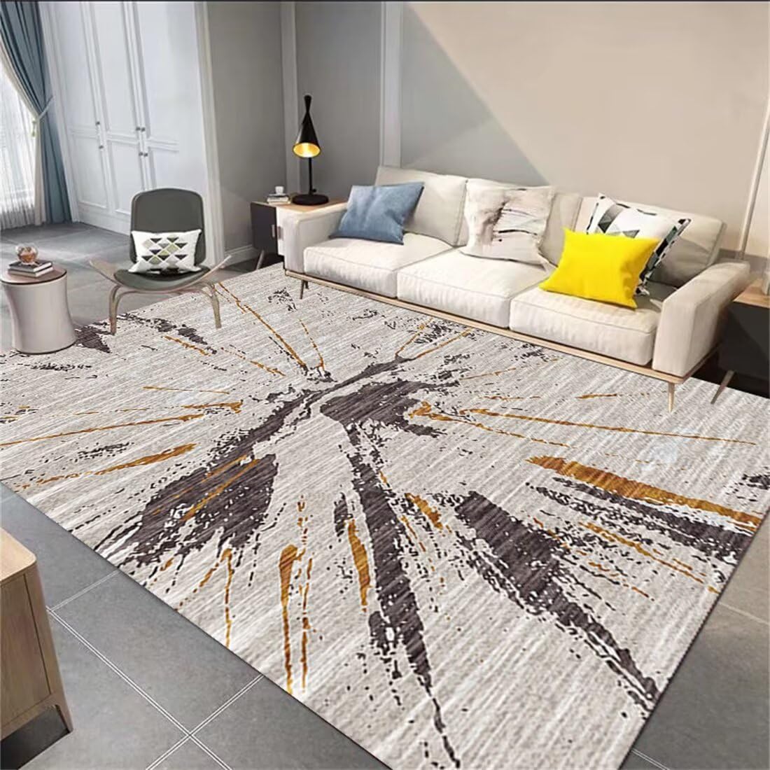 Balkon Teppich Wetterfest Tür Klassisches graues gelbes Farbschema Wohnzimmer Heimdekoration waschbar Antirutsch 70X200CM