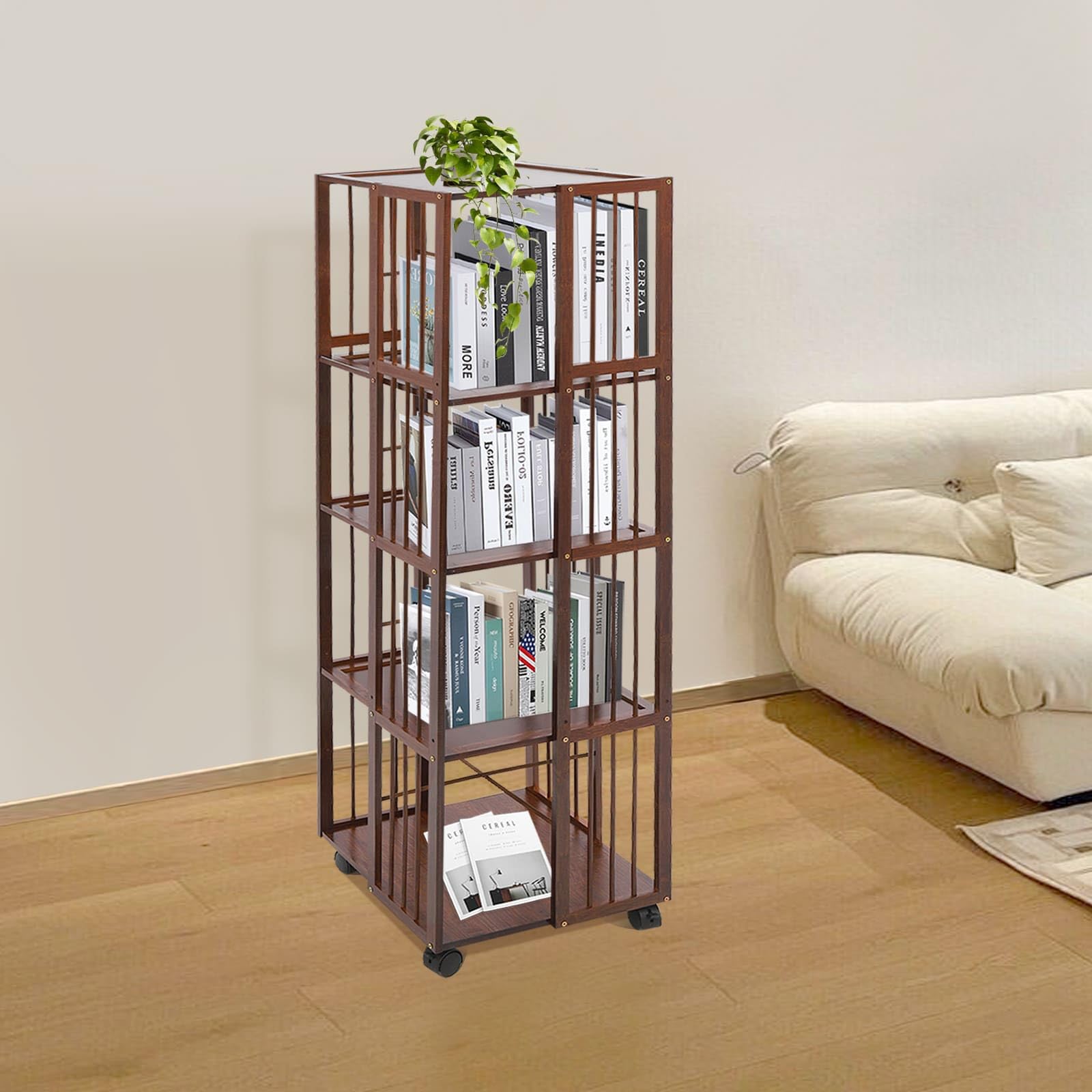 Librería giratoria de bambú con ruedas, estante para libros móviles de 5 niveles, 37 x 37 x 132 cm, para libros, álbumes, plantas