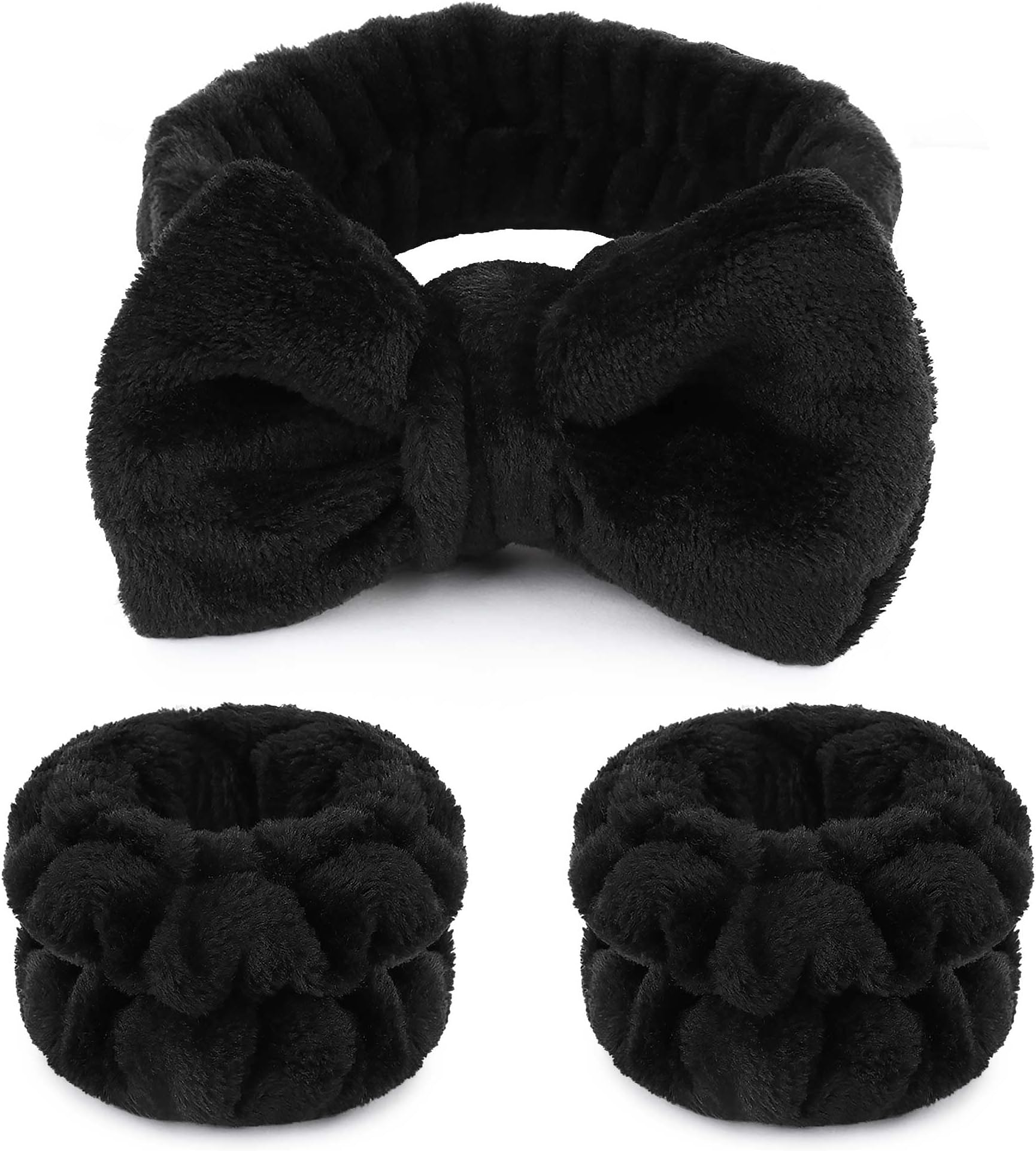 WSYUB Makeup Headbands, 1pcs Black Spa Headband Fluffy Bow Tie Headband Microfiber Face, and 2Pcs Wrist Spa Wash Band Absorbent Wristbands, for Washing Face Skin Care