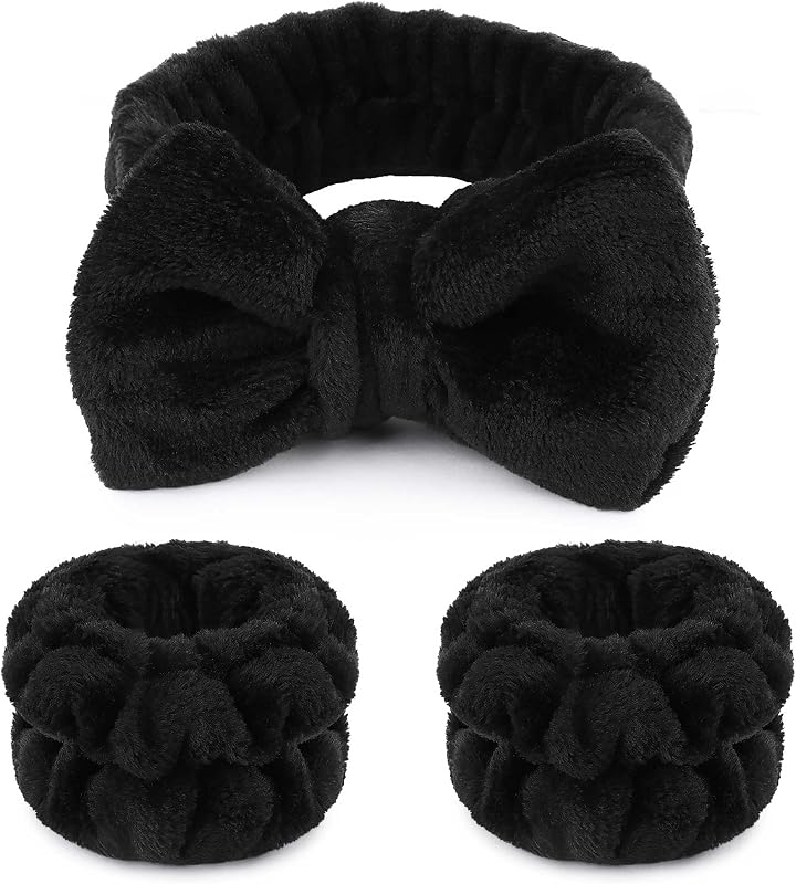 WSYUB Makeup Headbands,Black Spa Headband Wristbands for Washing Face | for Washing Face Skin Care, Fluffy|Bow Tie|Microfiber|Absorbent,