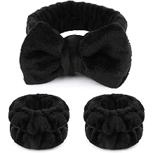 WSYUB Makeup Headbands, 1pcs Black Spa Headband Fluffy Bow Tie Headband Microfiber Face, and 2Pcs Wrist Spa Wash Band Absorbent Wristbands, for Washing Face Skin Care