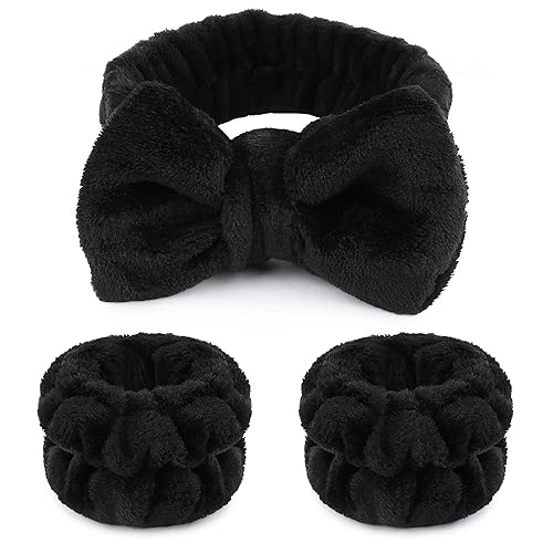 WSYUB Makeup Headbands, 1pcs Black Spa Headband Fluffy Bow Tie Headband Microfiber Face, and 2Pcs Wrist Spa Wash Band Absorbent Wristbands, for Washing Face Skin Care - Black