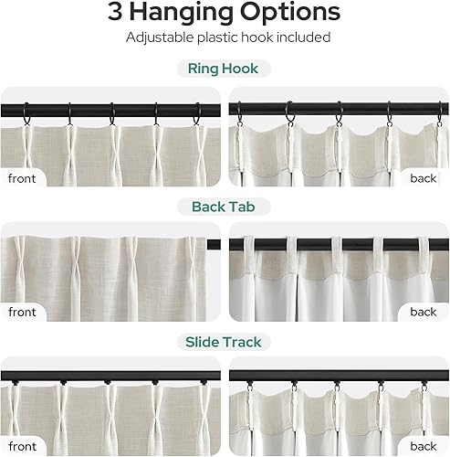 Miniatura 6 de HOMEIDEAS Cortinas plisadas de color blanco marfil, 100% opacas, mezcla de lino, aislamiento térmico de lujo, con ganchos ajustables, para sala de