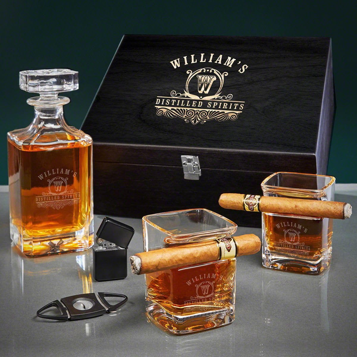 Engraved Whiskey Decanter and Cigar Glasses Set for Men - Whiskey and Cigars Gift Set