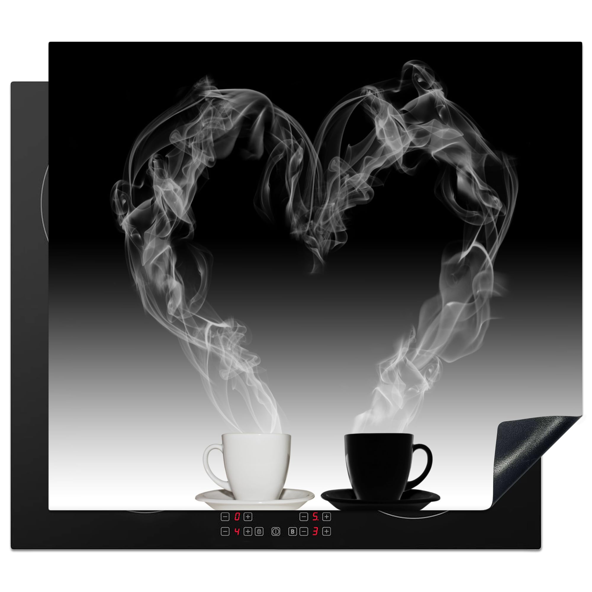 KitchenYeah© Herdabdeckplatte Einteilig Ceranfeld Abdeckplatte Küche Deko Ceranfeldabdeckung Herdabdeckung Induktionsmatte Kaffee - Herz - Schwarz-Weiß - Stilleben - 60x52 cm