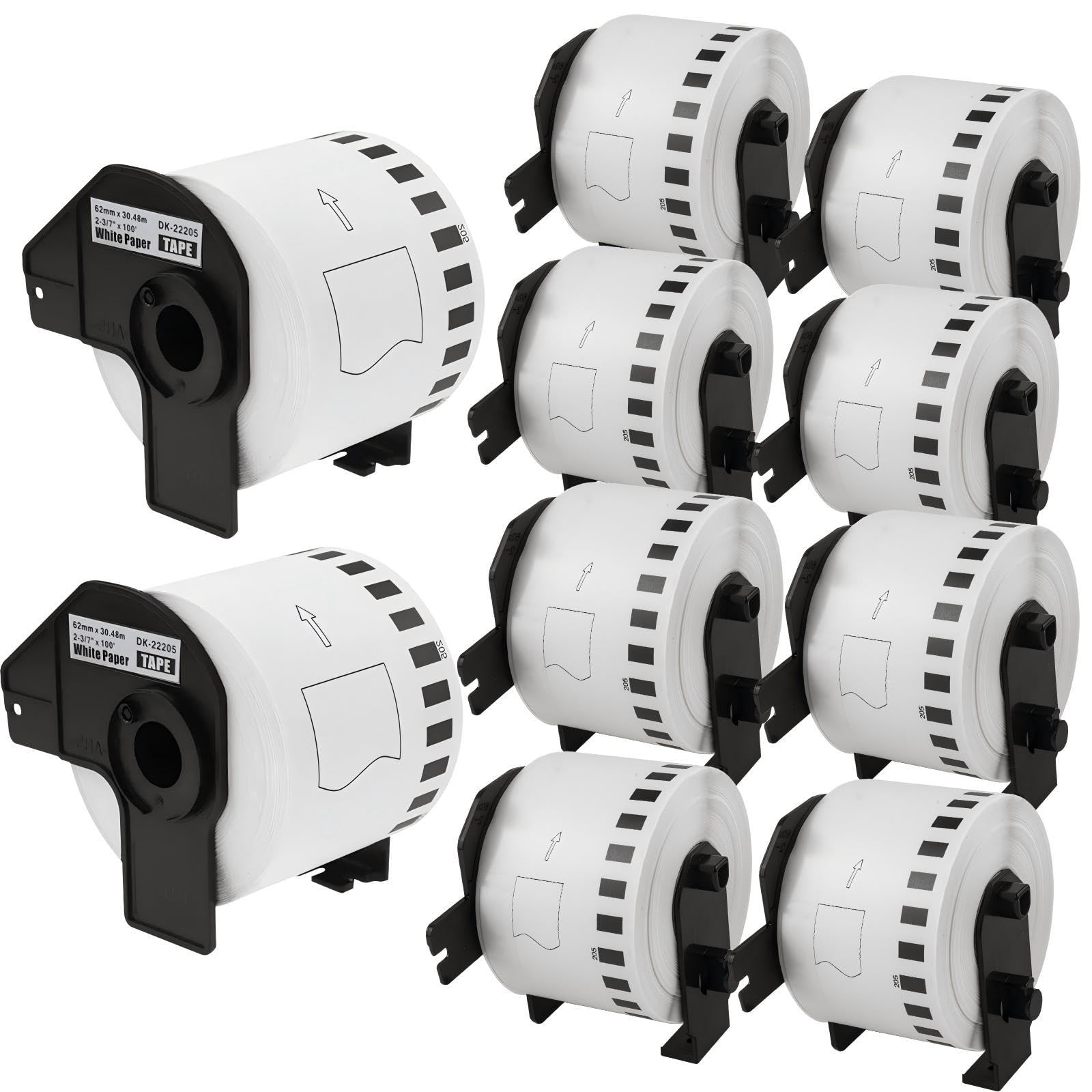 10 Rouleaux d'étiquettes Continues DK-22205-62 mm x 30,48 m - Compatibles avec les Imprimantes d'étiquettes Brother QL-500, QL-570, QL-700, QL-800, QL-820NWB, QL-1100, QL-1110NWB