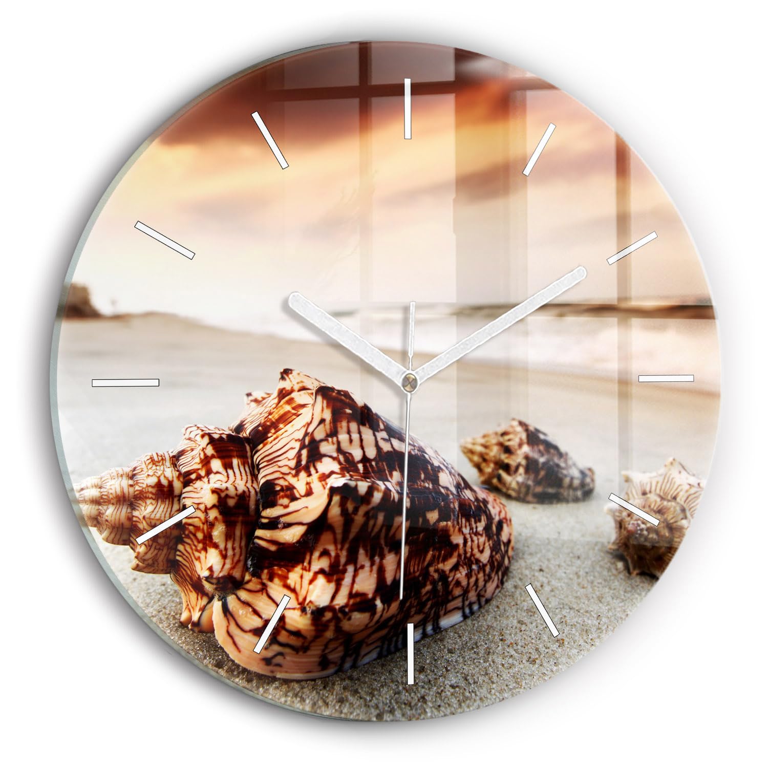 Horloge en verre silencieuse Wallfluent 30 cm au motif coquille de plage pour chambre zen