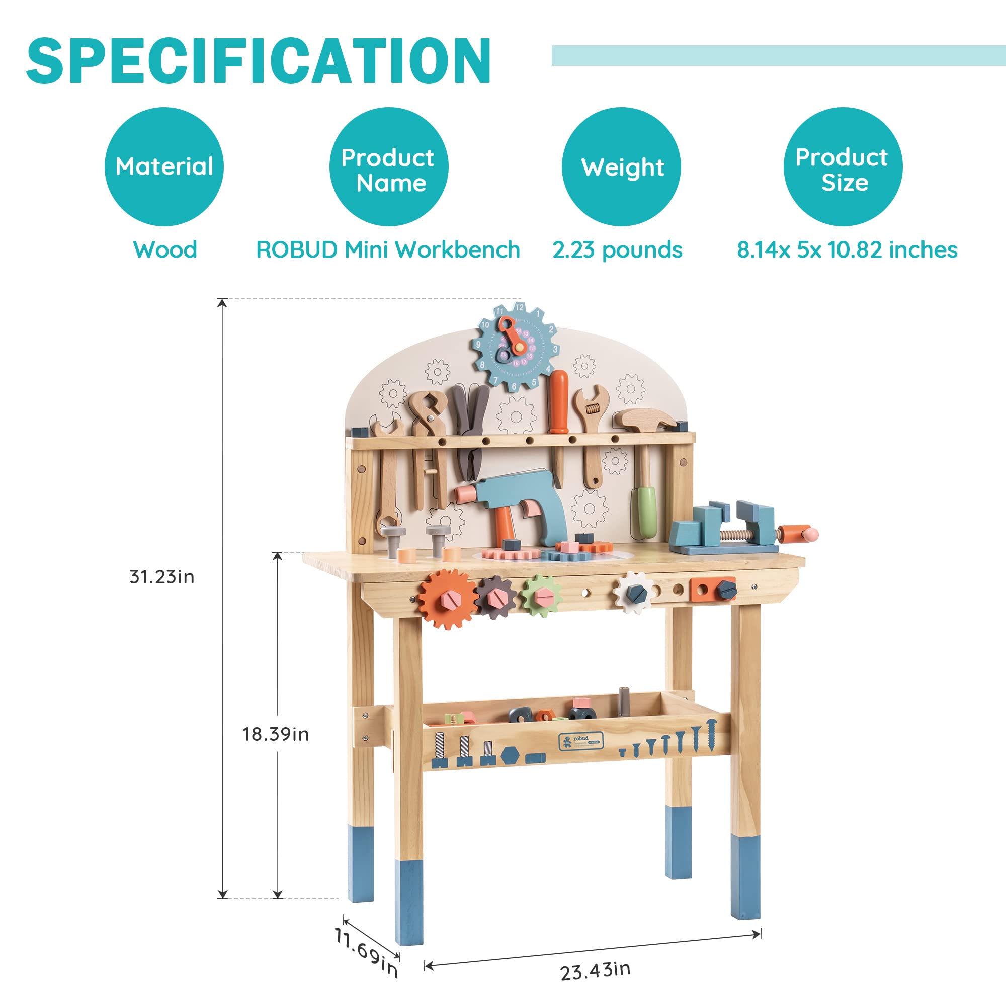 ROBUD Large Wooden Play Tool Workbench Set for Kids Toddlers, Construction Workshop Tool Bench Toys Gift