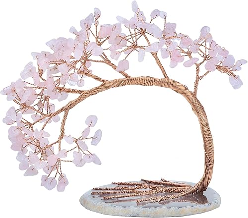 SUNYIK Árbol de dinero de cuarzo rosa curativo, árbol bonsái de cristal Fengnshui hecho a mano con base de ágata para suerte de riqueza, decoración