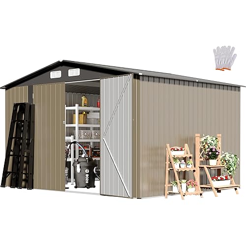 Large Storage Shed, 10' × 8' FT Metal Storage Shed with Lockable Door, Waterproof Shed Outdoor Use, Tool Shed with Windows for Bike, Garden, Brown