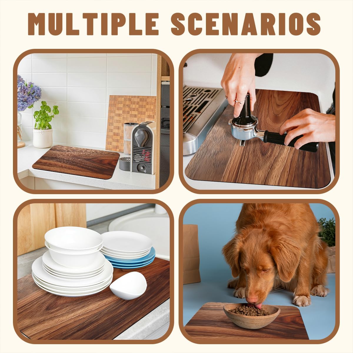 Wood Grain Dish Drying Mat for Kitchen Counter 2 Pack Natural Brown Rustic Wooden Planks Absorbent Draining Pad, Non-Slip Coffee Bar Mats for Coffee Machine Station Accessories 12"L x 20"W