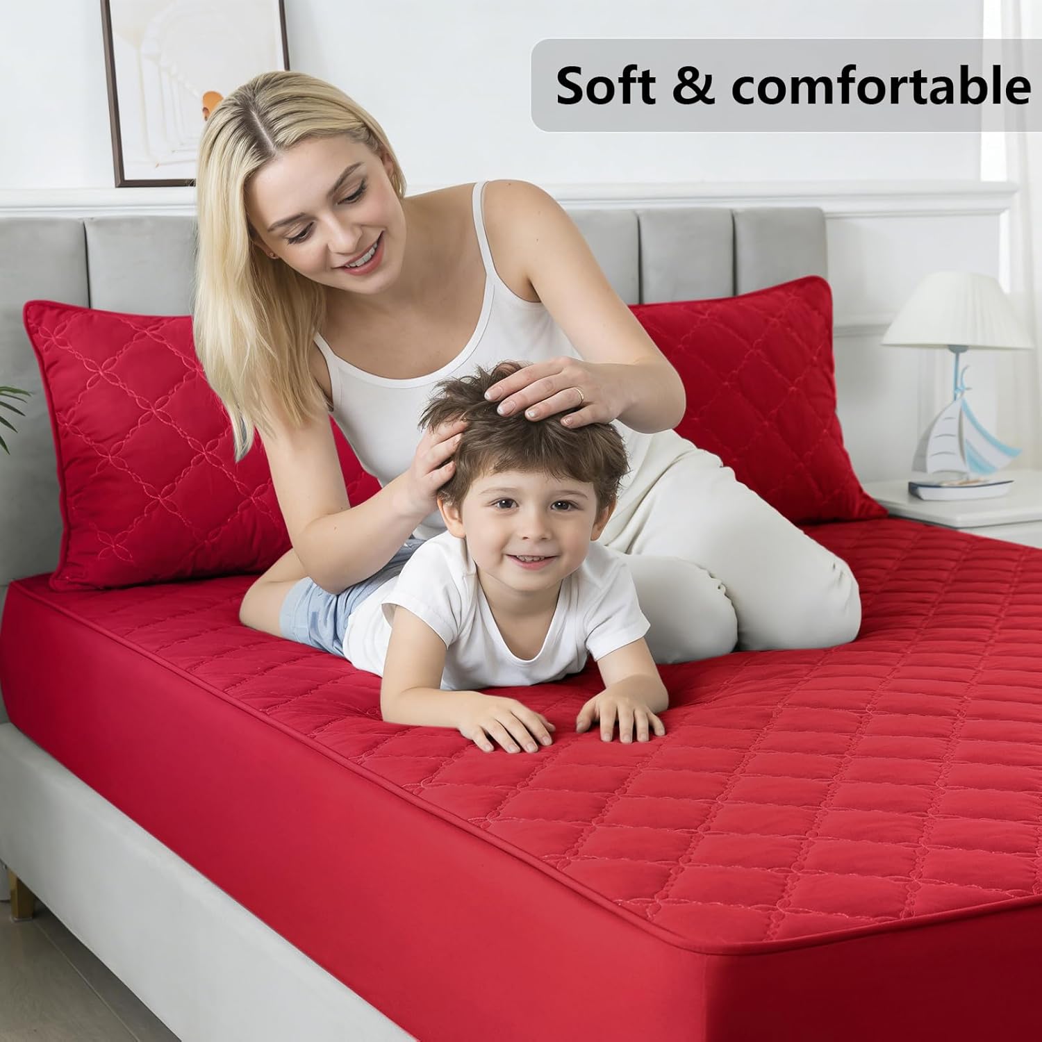 Waterproof Mattress Protector - Queen Size Mattress Pad Silent & Fitted Sheet Style | Full Bed Protection for Kids, Pets, Adults | Hypoallergenic, Machine Washable (Red, Queen)