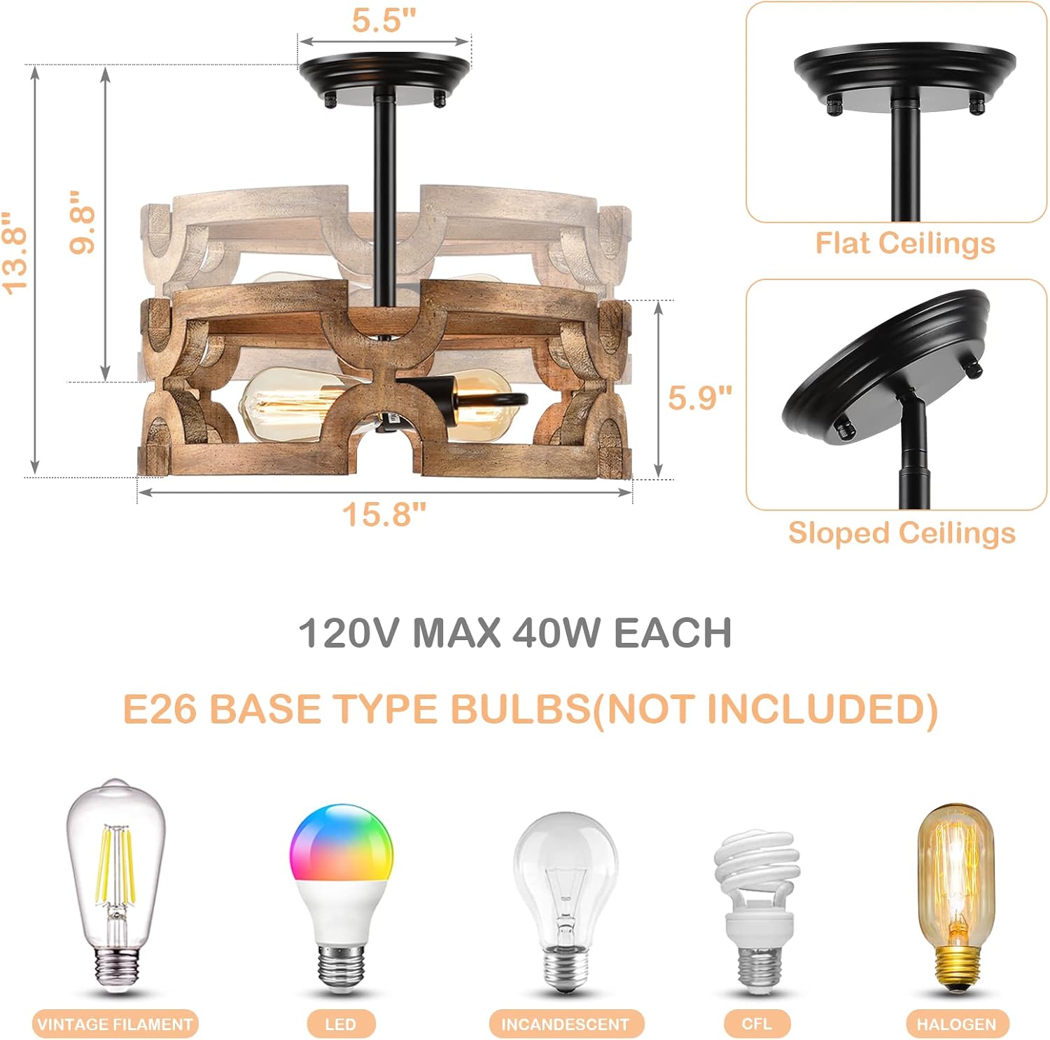 Bеѕt Dеаl Prоduсt Bribyit Farmhouse Chandelier Light Fixture, Rustic Drum Semi Flush Mount Ceiling Light, 2-Light Wood Pendant Light with Sloped Accessories for Dining Living Room Foyer Kitchen,Height Adjustment