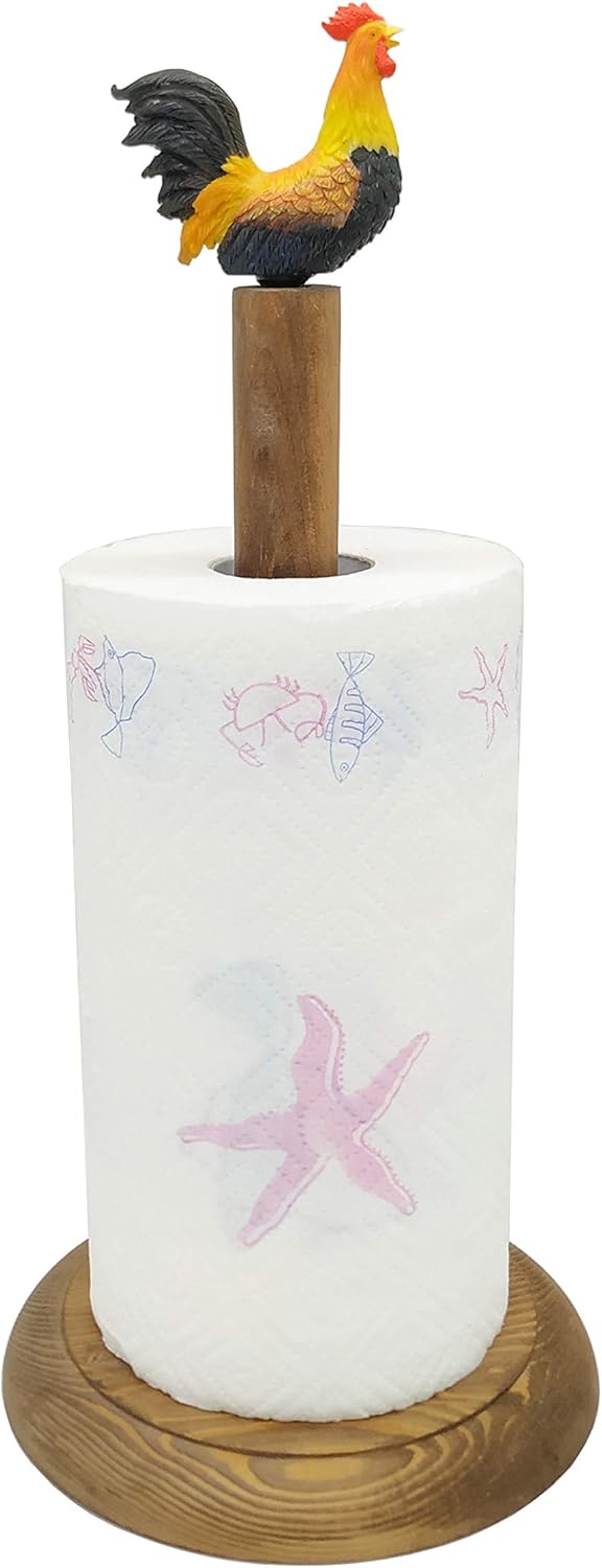 Rooster Design Wood Shabby Whitewashed Paper Towel Holder Stand Up Paper Towel Holder, Easy One-Handed Tear Kitchen Paper Towel Dispenser with Weighted Base for Standard Paper Towel Rolls