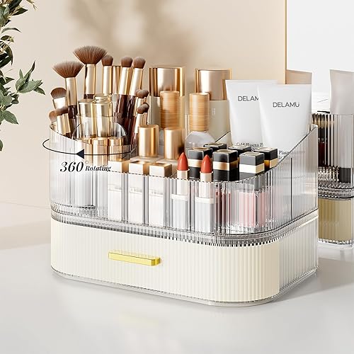 Delamu Organizador de maquillaje para tocador con cajones apilables, soporte giratorio de 360 grados para brochas de maquillaje, estuche grande de