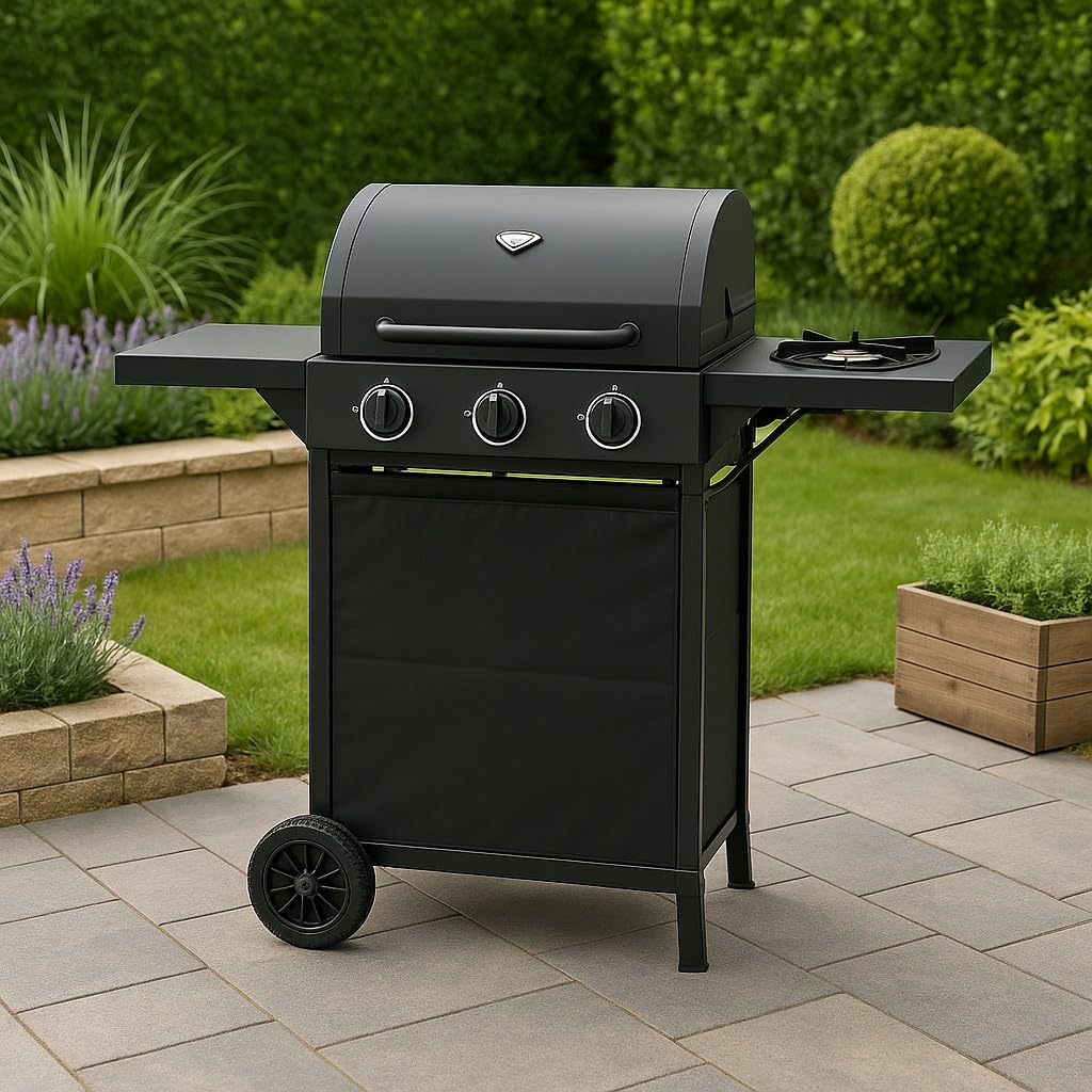 Barbecue a Gas California 2 Fuochi 9,7 Kw con Bruciatore Laterale in Acciaio Verniciato Nero