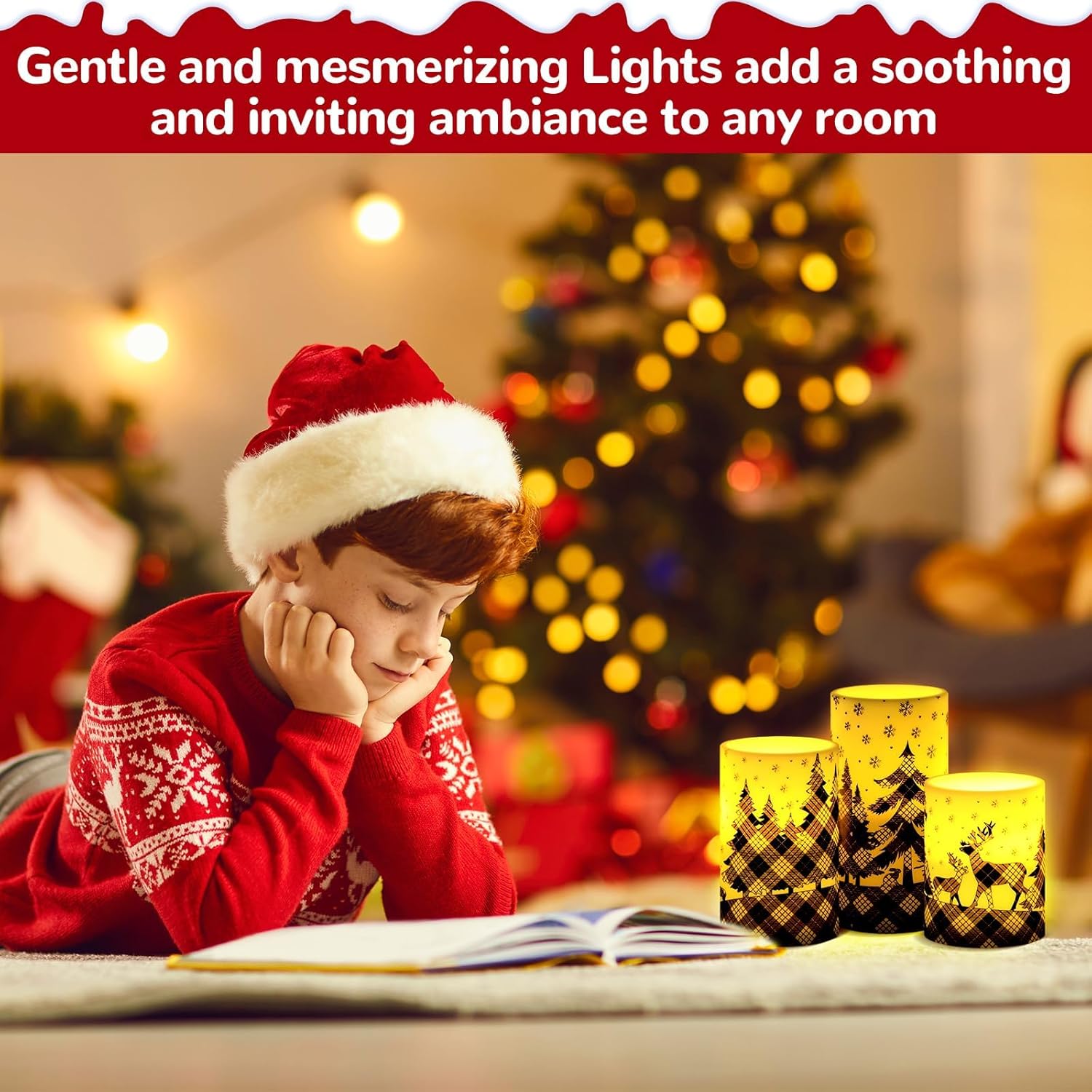 Lonfliness Black Buffalo Plaid Flameless Pillar Candles 3Pcs Christmas Flickering LED Pillar Battery Operated Candle with Remote Control Reindeer Candle Table Centerpiece for Winter Holiday Home Decor