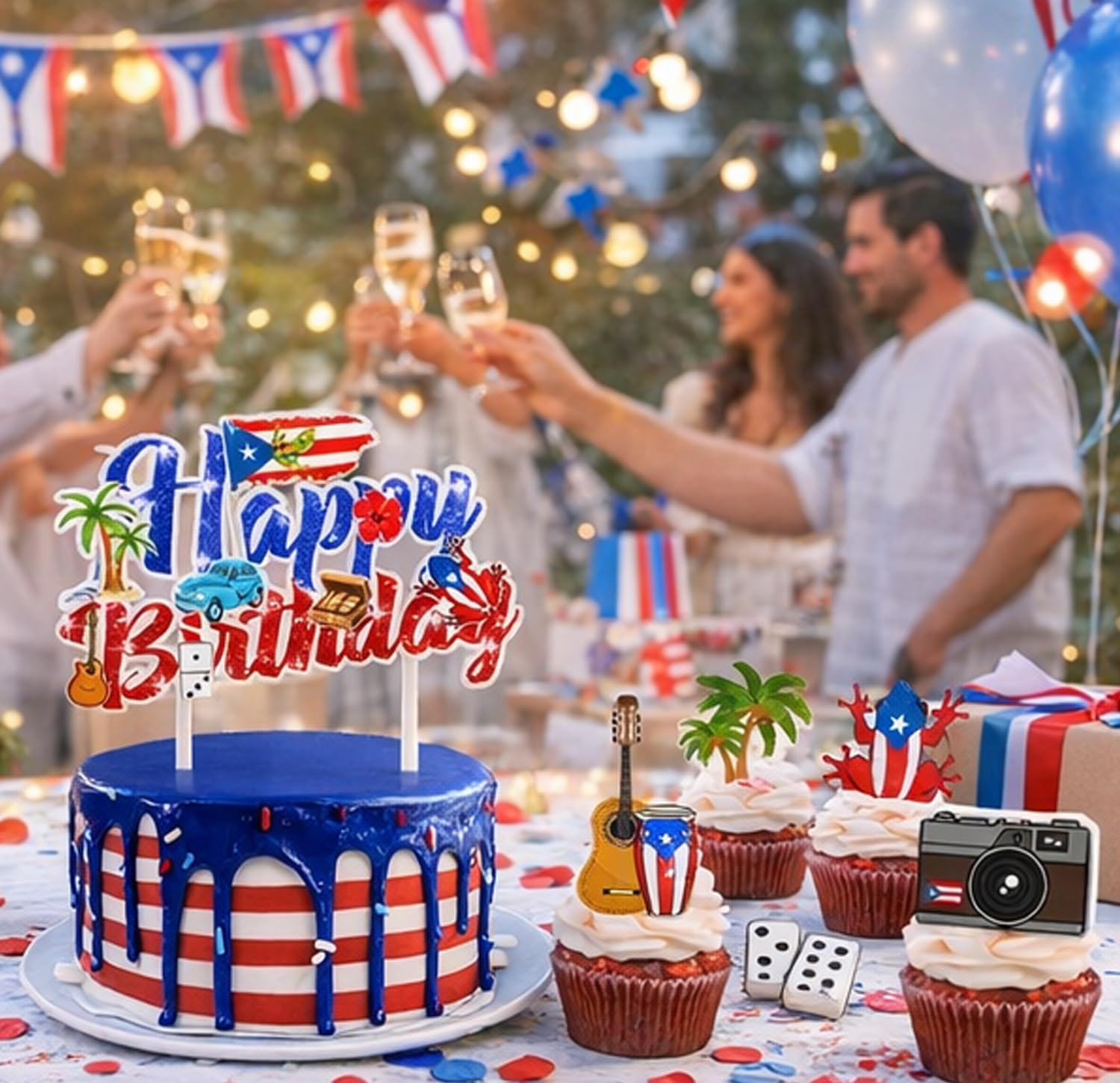 25PCS Puerto Rico Glitter Cake Topper Puerto Rican Party Decoration Puerto Rican Cake Decor Frog Cigar Rapper Theme Vintage Car Cake Table Decor for Patriotic Festival National Day Supplies - Image 4