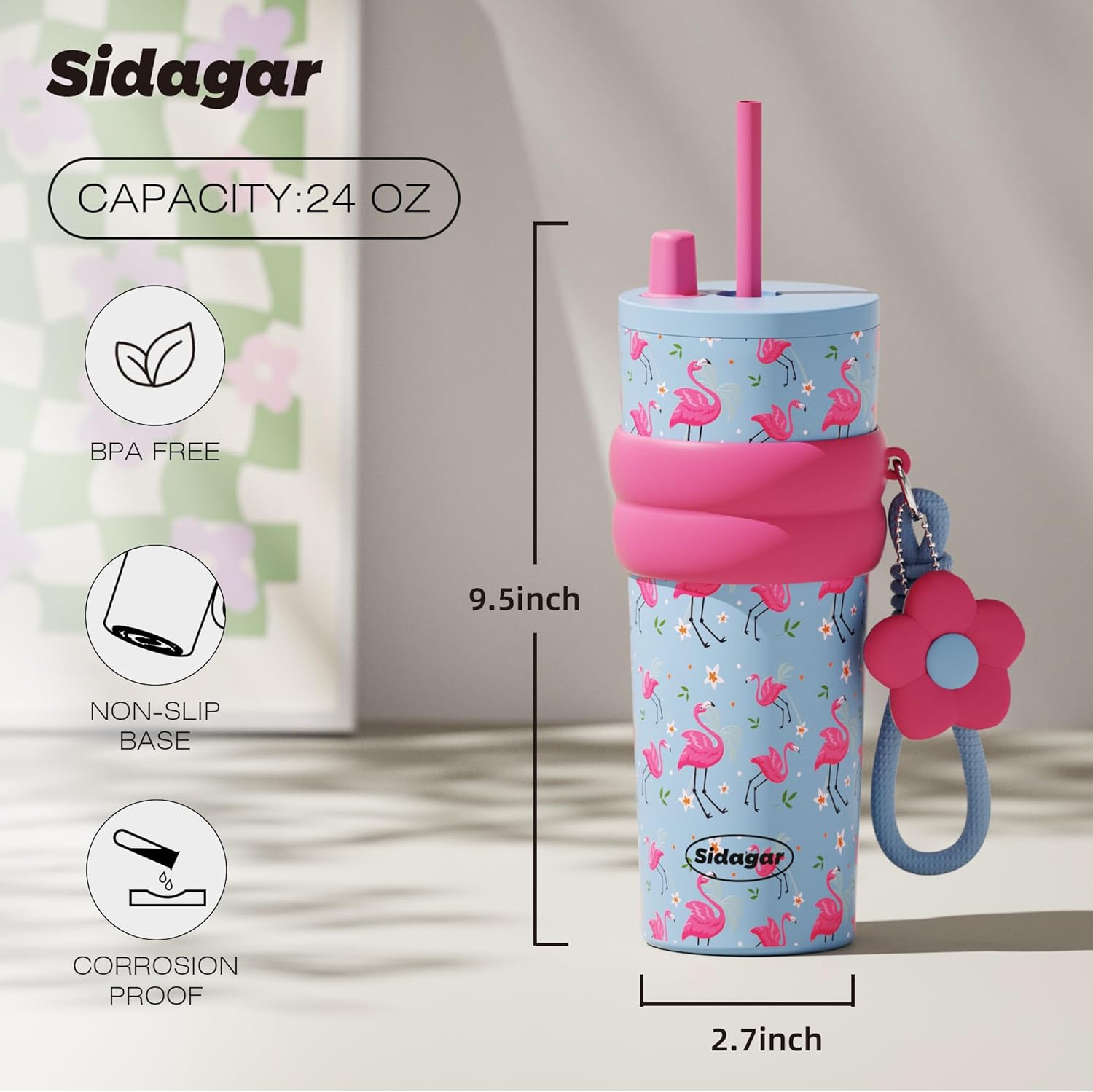 24 oz Stainless Steel Tumbler with Lid and Straw, Insulated Water Bottle Leak Proof for Hot and Cold, Portable Travel Coffee Mug, Reusable Coffee Cup for Women, Flamingo Pink - Image 2