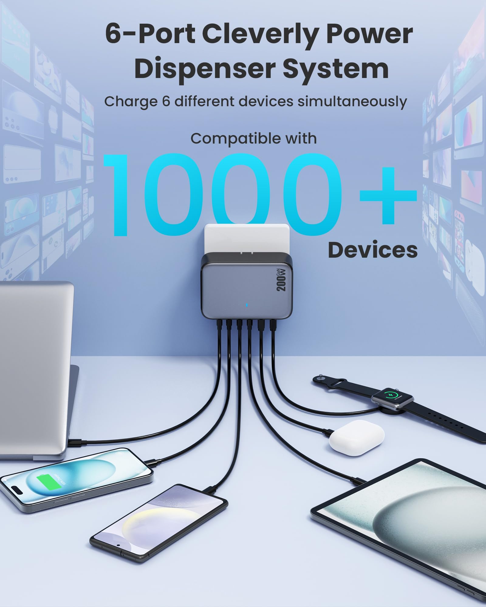 Caricatore USB C da 200 W, blocco di ricarica USB, 6 porte GaN IV pieghevole da parete, hub per stazione di ricarica rapida QC4.0, adattatore per laptop PD 65 W per MacBook Pro/Air, Dell, iPhone 16/15