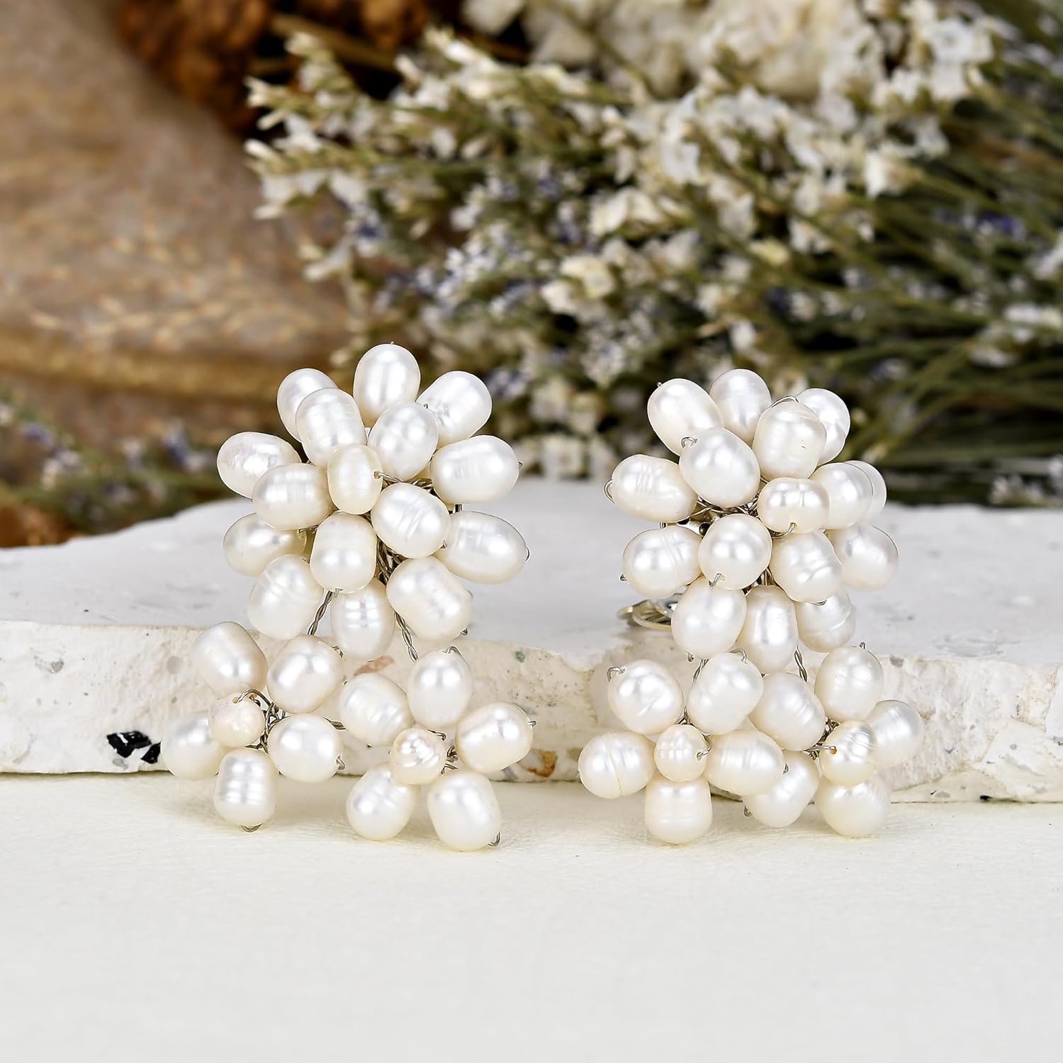 AeraVida Floral Cultured Freshwater White Pearls Clip on Non Piercing Earrings | White Clip on Earrings | Freshwater Beaded Pearl Clip on Earrings | Floral Clip On Earrings for Women - Image 5
