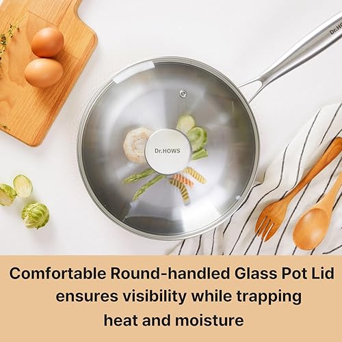 Miniatura 6 de Dr.HOWS ESSENTIAL - Wok de cocina de acero inoxidable de construcción de tres capas, sartén con tapa de vidrio de inducción, utensilios de cocina de