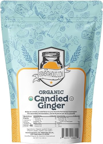 Fermentaholics Jengibre confitado seco orgánico certificado por USDA, 7 onzas, perfecto para fermentación secundaria y sabor a kombucha