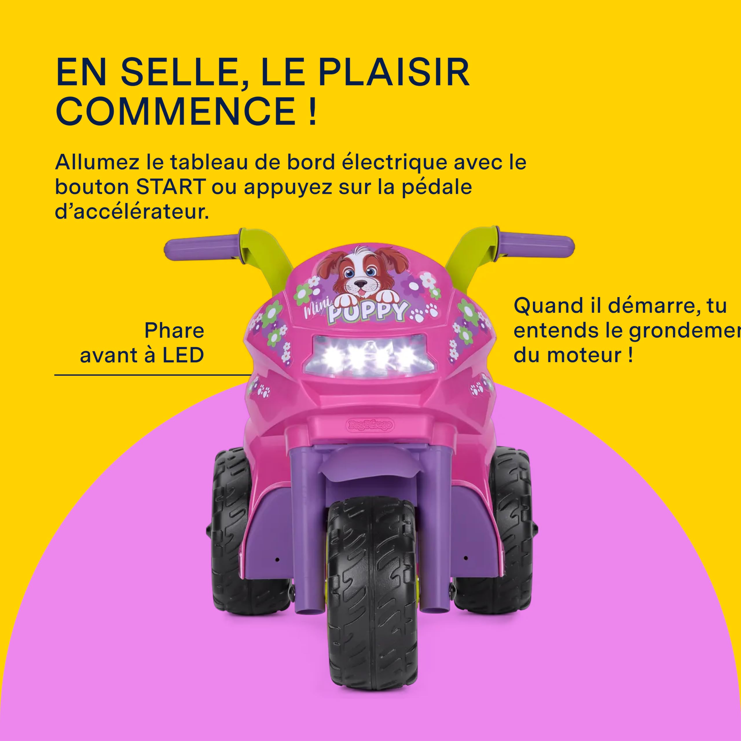 PEG Mini Puppy Moto Électrique pour Enfants dès 1 an, Batterie Rechargeable 6V, Phares LED, Klaxon et Musique, Vitesse 4 km/h, Deux Roues Motrices avec Profil