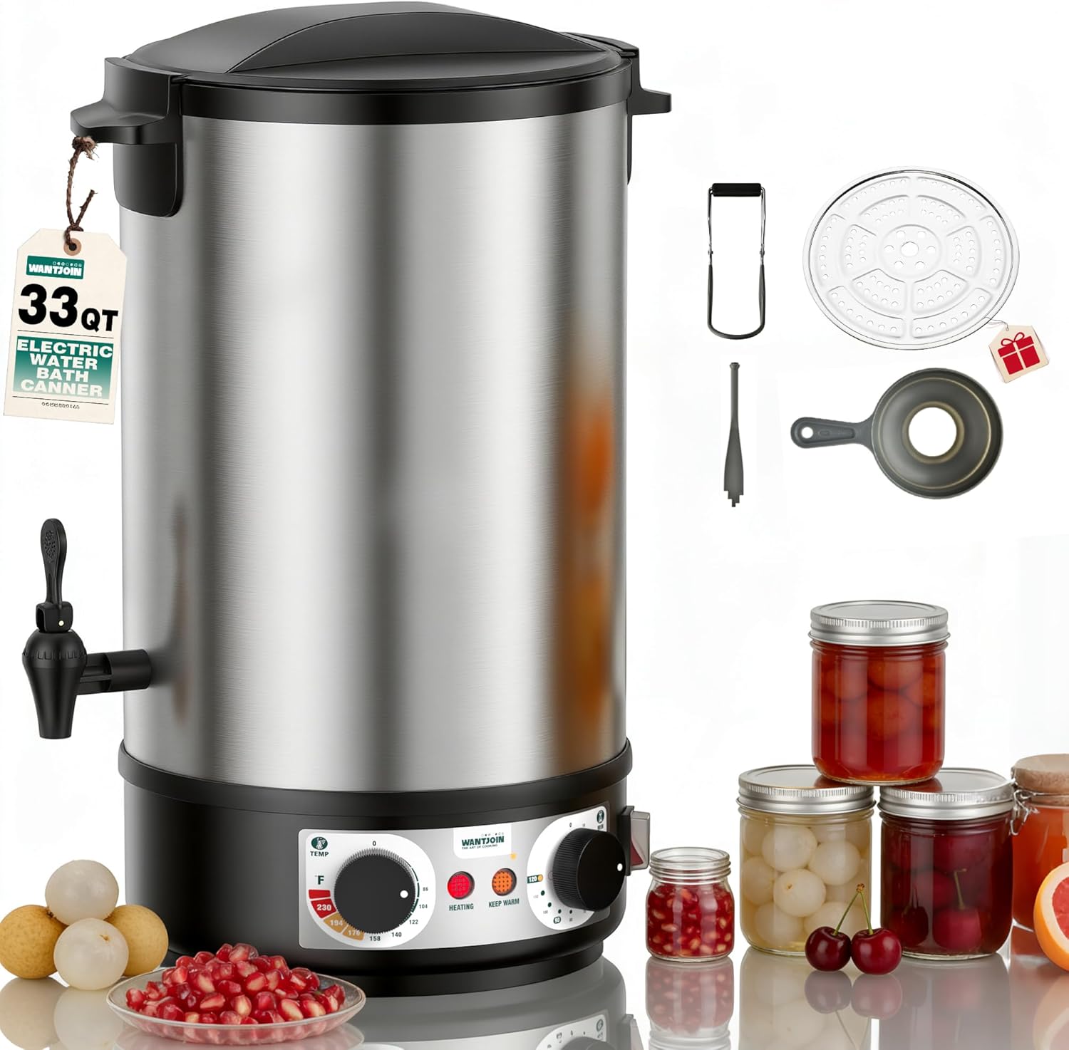 WantJoin Water Bath Canner - 33QT Stainless Steel Electric Canner 1800W, Adjustable Temperature 86-212°F & Timer 30-180min for Home Canning, Includes Rack Jar Lifter Funnel, Makes 11 Quart Jars