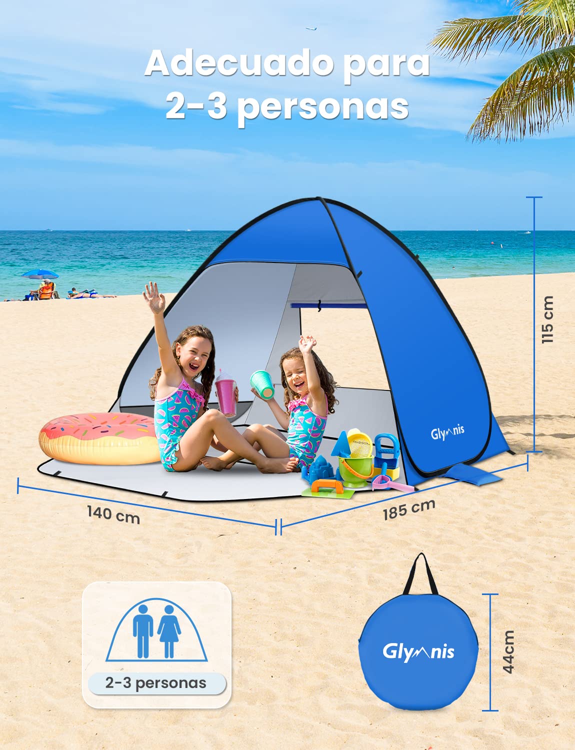 Tienda de Playa Pop Up 2-3 Personas Automática UPF 50+ Portátil