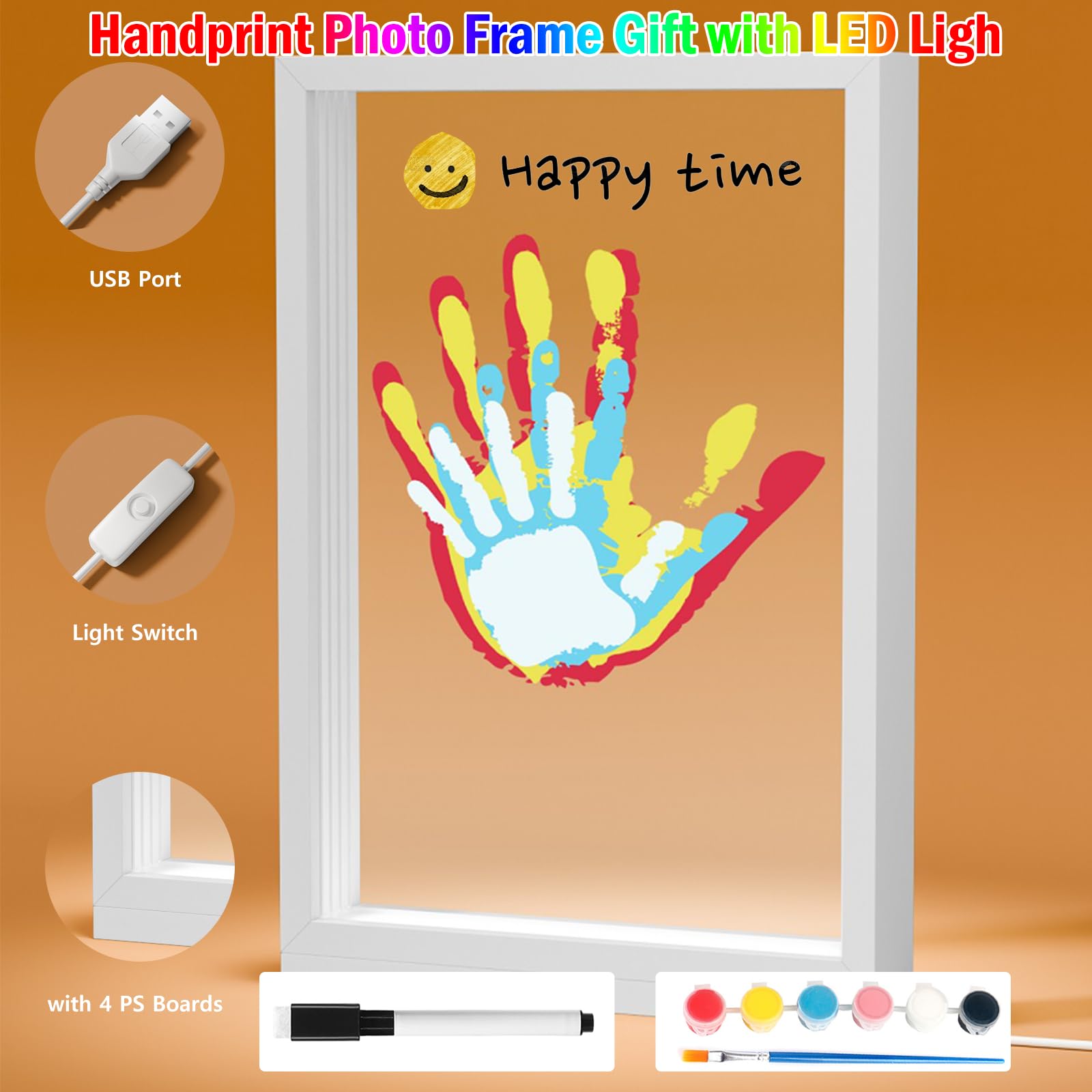 SciFiVisi Familien Handabdruck Set mit LED Nachtleuchte Fußabdruck Baby Set und für die Ganze Familie mit 4 PS-Platten,handabdruck set für paare, Holzrahmen Zum Basteln für Geschenk (Weiß)