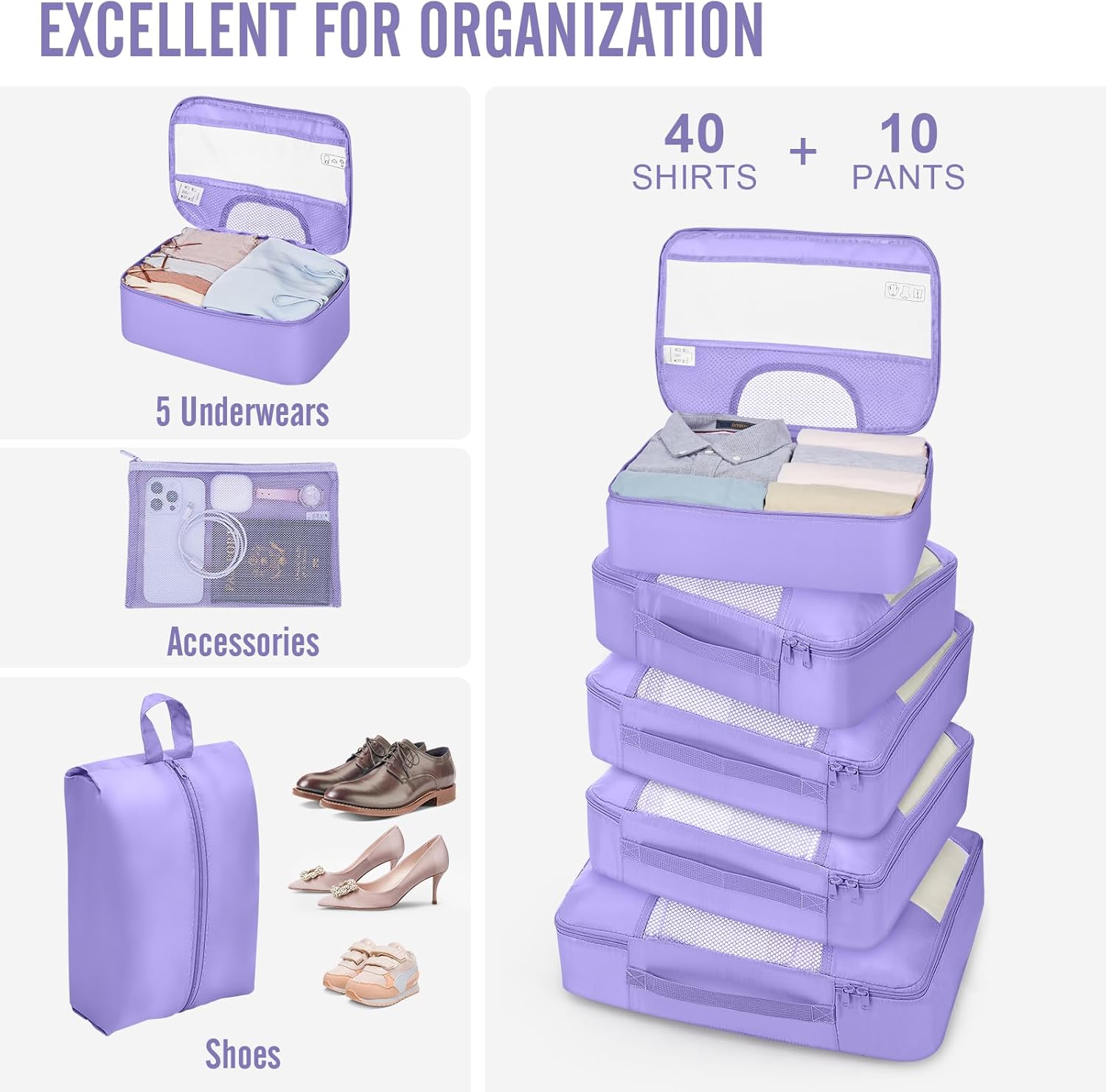 Veken 10 Set Packing Cubes for Travel Essential, Suitcase Organizer Bags in 4 Sizes, Carry-On Luggage Accessories with Large Laundry & Hanging Toiletry Bag, Must-Have for Airplane, Road Trip & Camping - Image 5