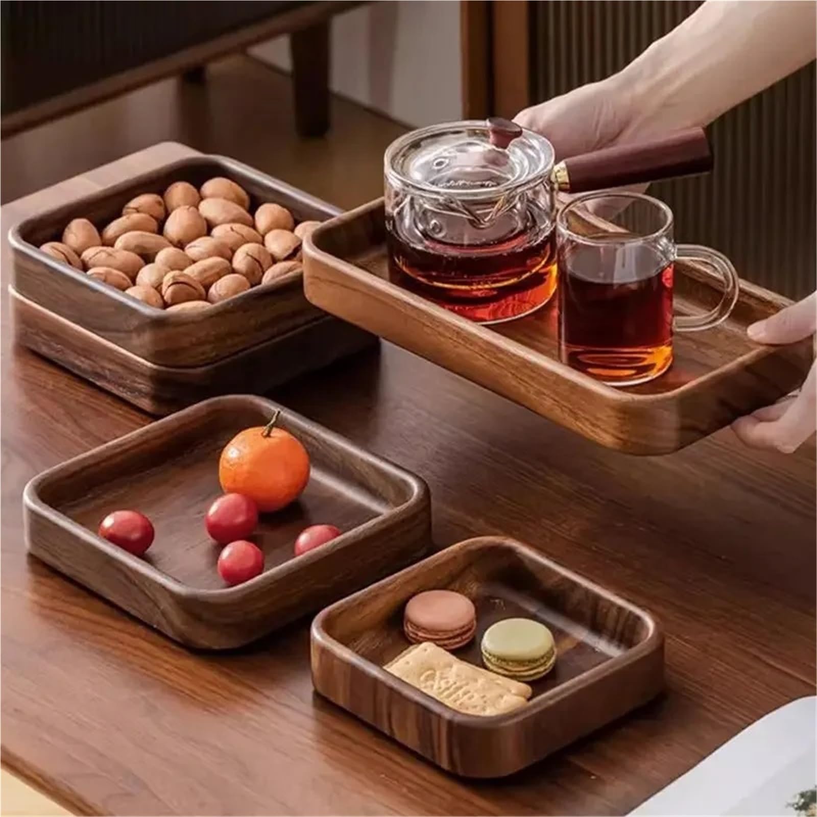 Bandeja para Mesa De Centro Bandeja de Madera Maciza for Frutos Secos y Semillas melón(4pcs)