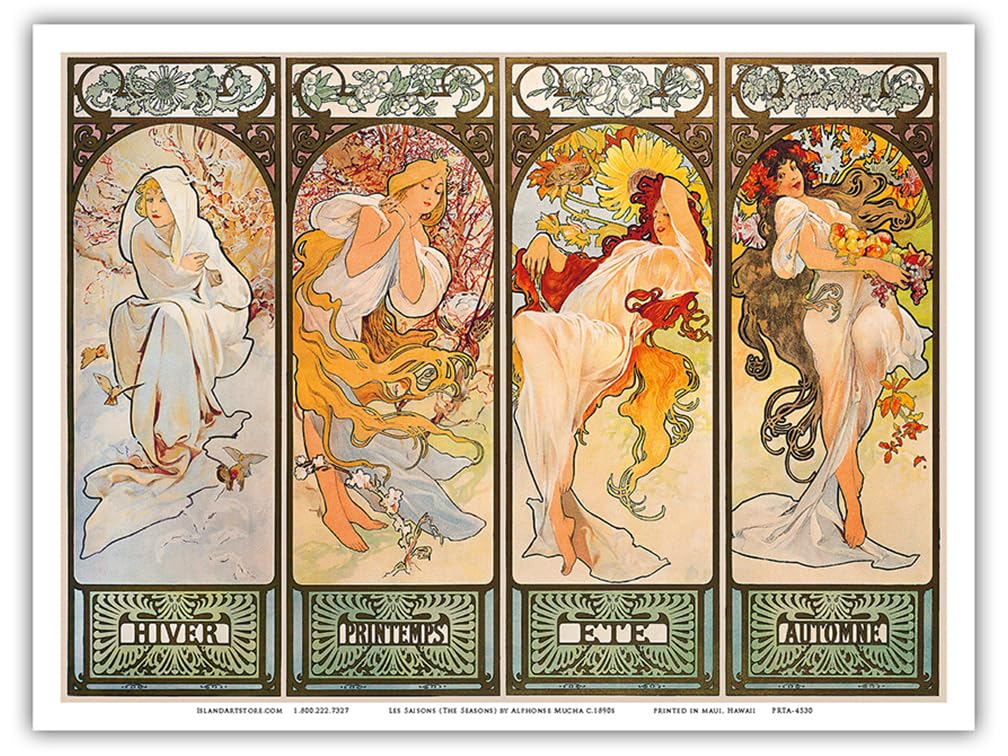 Pacifica Island Art Les Saisons (The Seasons) - Hiver, Printemps, Ete, Automne (Winter, Spring, Summer, Autumn) - Vintage Nouveau Poster by Alphonse Mucha c.1890s - Master Print (Unframed) 9in x 12in